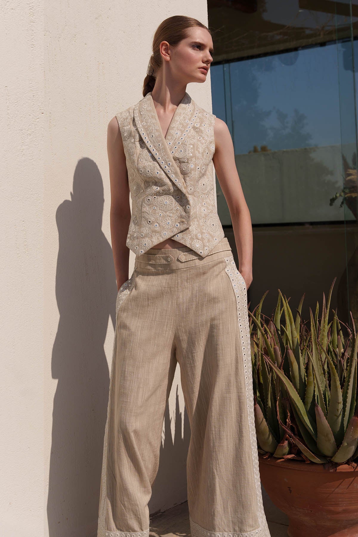 Beige Embroidered Coat & Pants