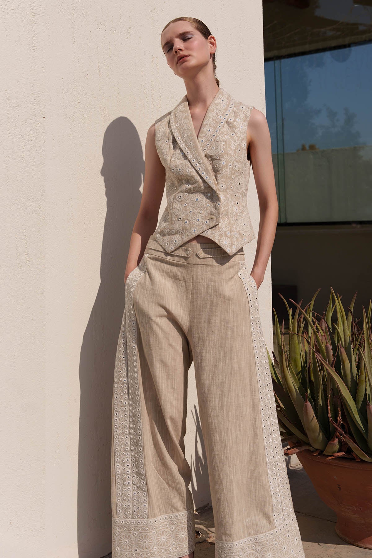 Beige Embroidered Coat & Pants