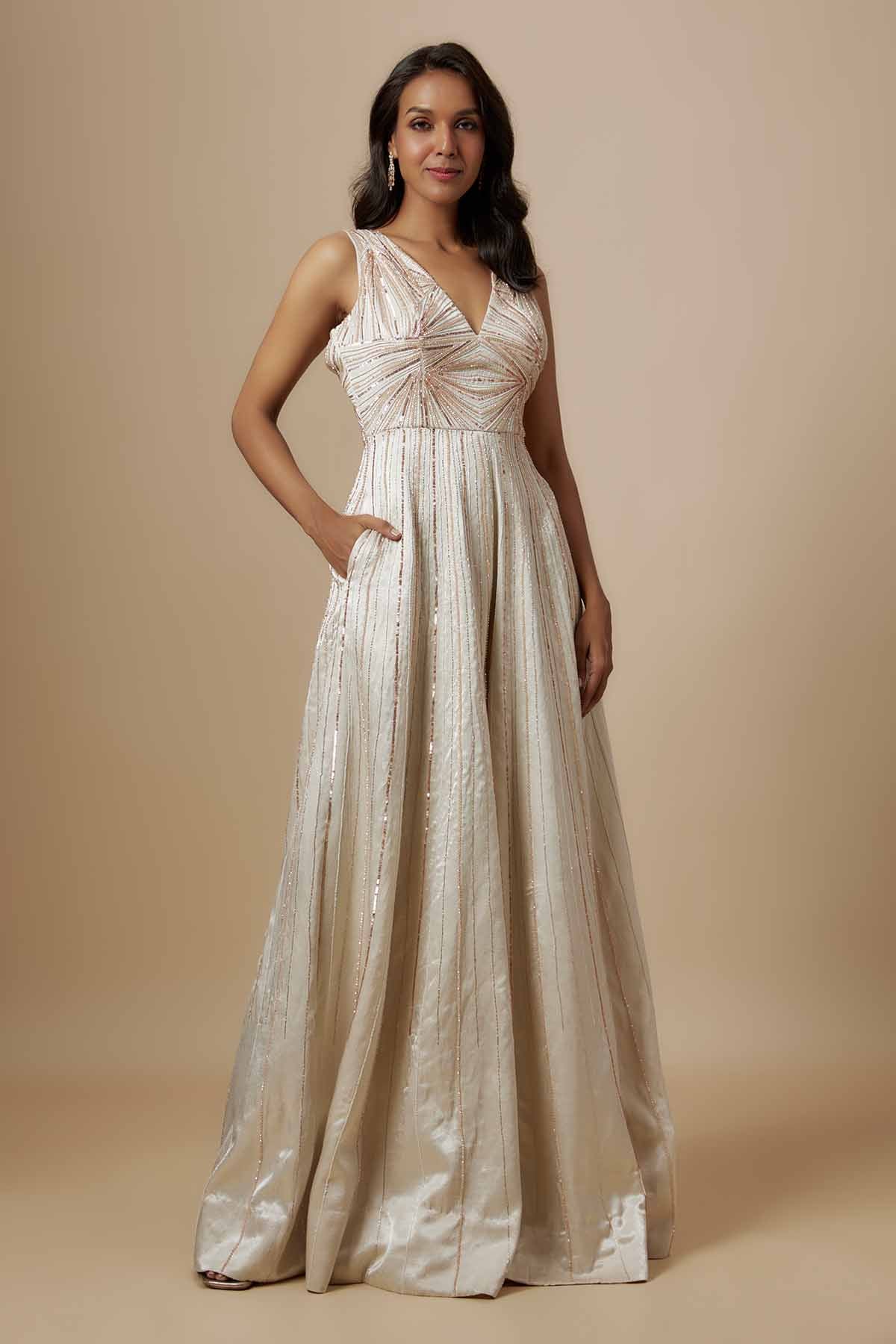 Beige Embroidered Flare Jumpsuit