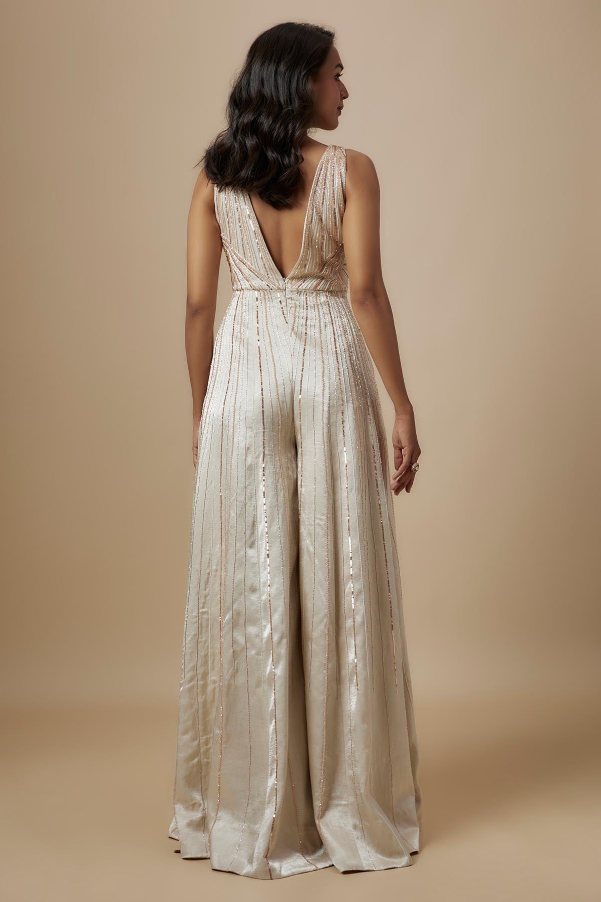 Beige Embroidered Flare Jumpsuit