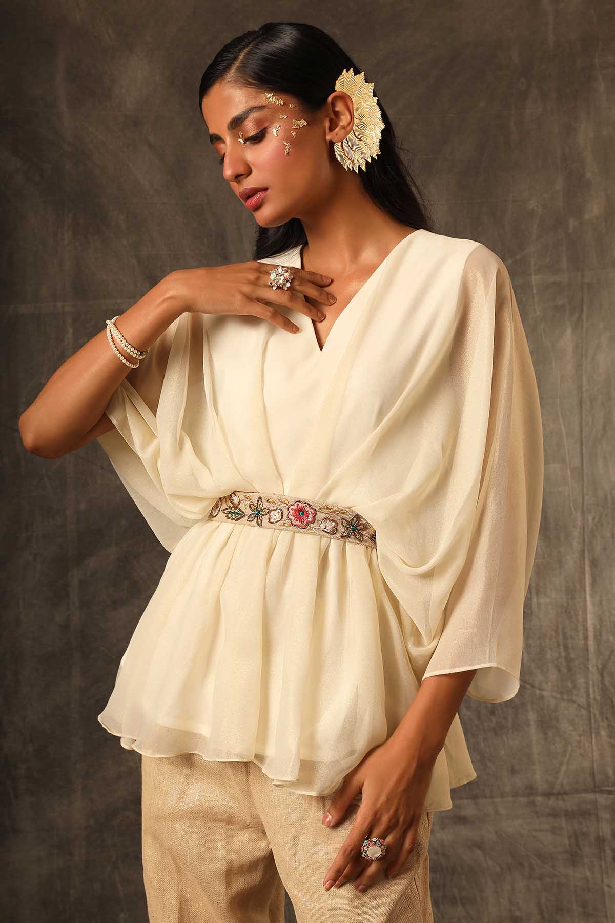Beige Embroidered Fusion Set