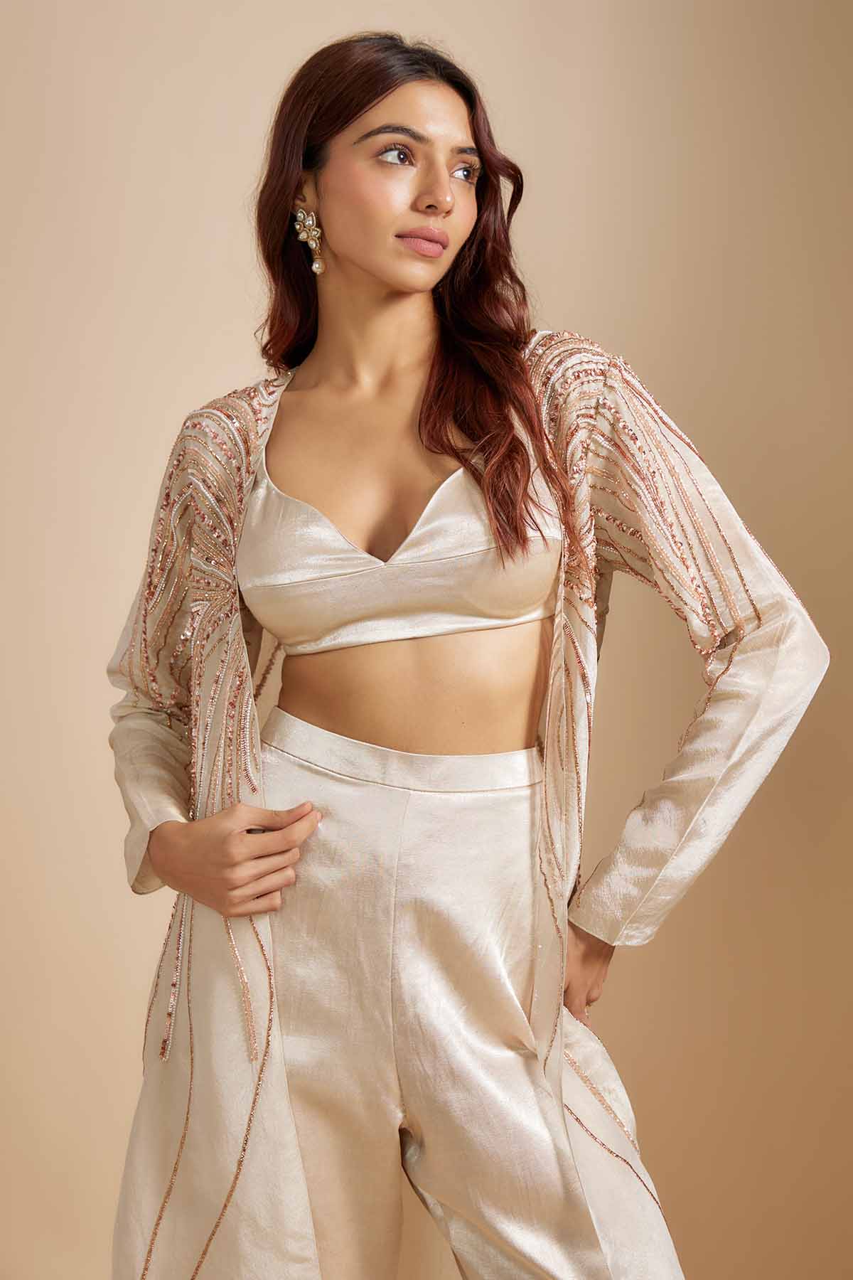 Beige Embroidered Jacket Set