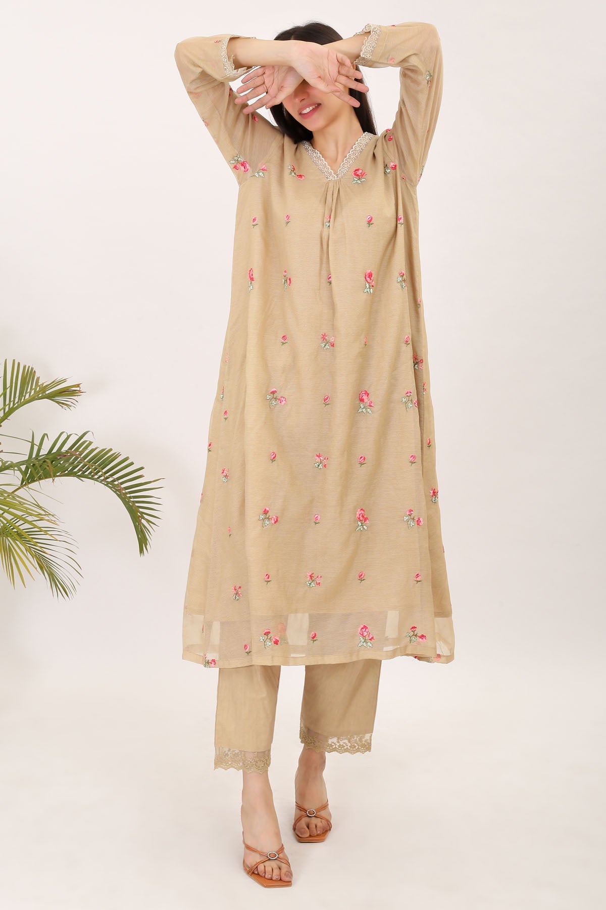 Simply Kitsch Beige Embroidered Kurta & Pants For Women Online At ScrollnShops