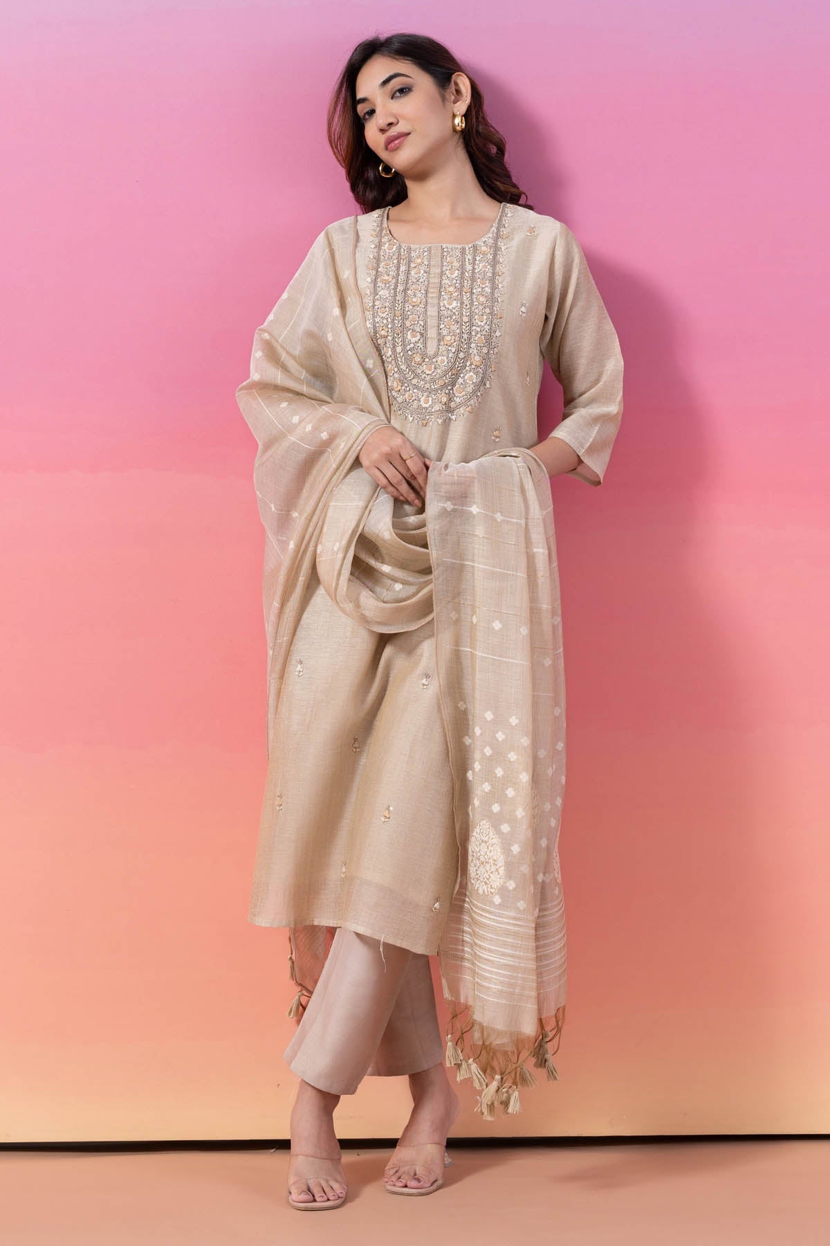 Eesha Gupta Embroidered Beige Kurta Set for men online at ScrollnShops