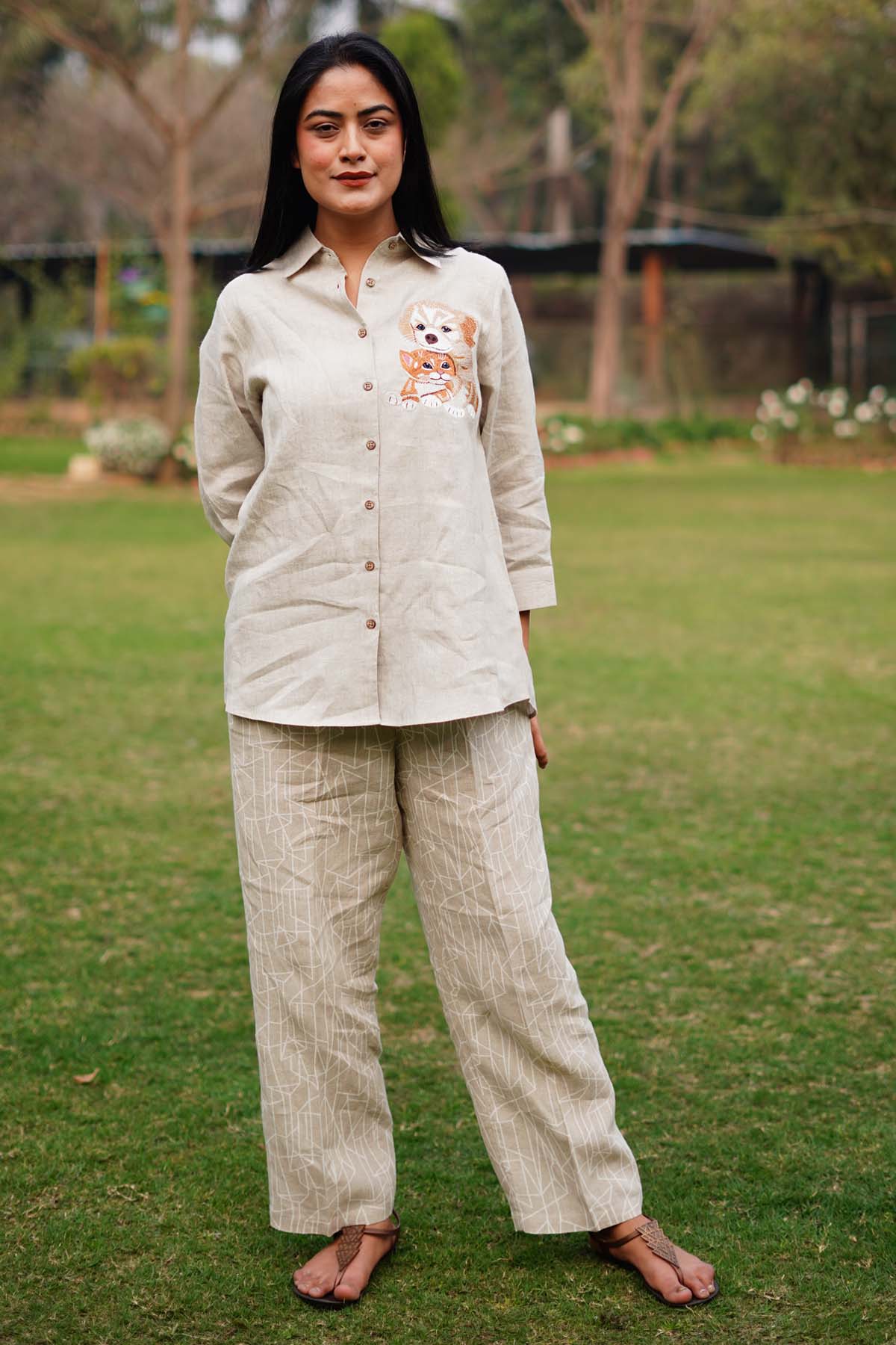 Designer Linen Bloom Beige Linen Shirt with Cat & Dog Embroidery For Women Online at ScrollnShops