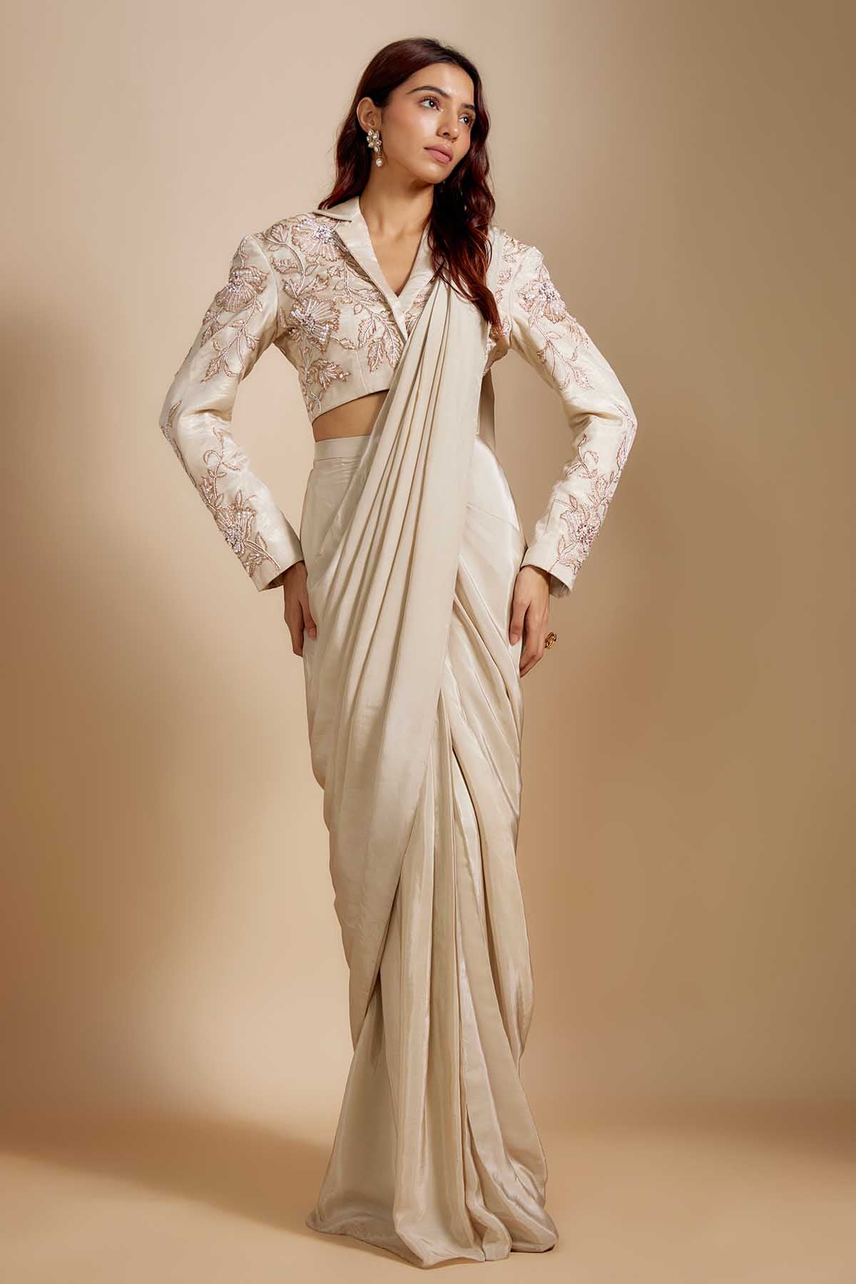 Beige Embroidered Saree & Belt