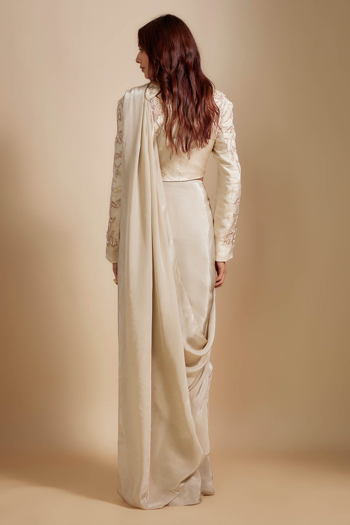 Beige Embroidered Saree & Belt