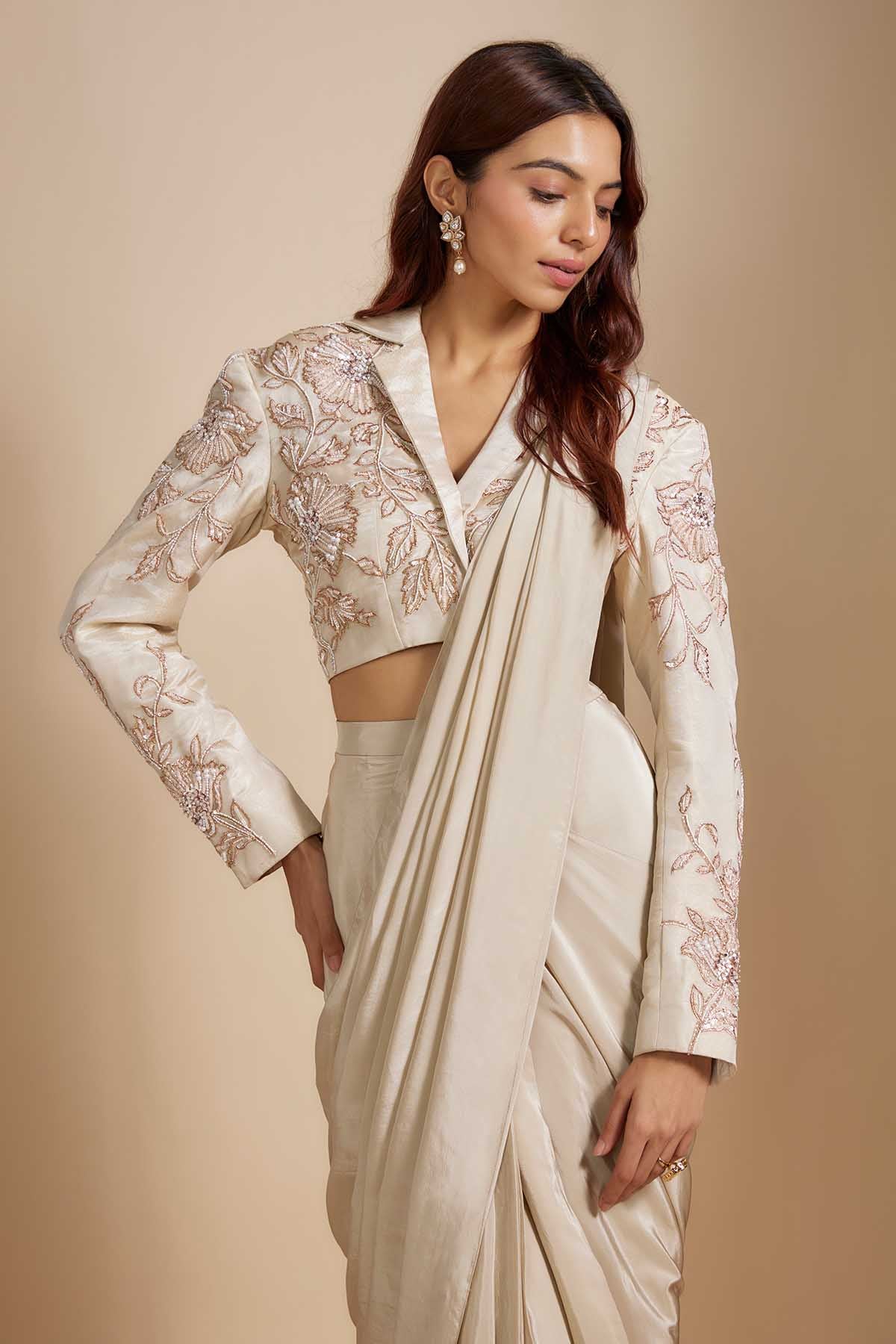 Beige Embroidered Saree & Belt