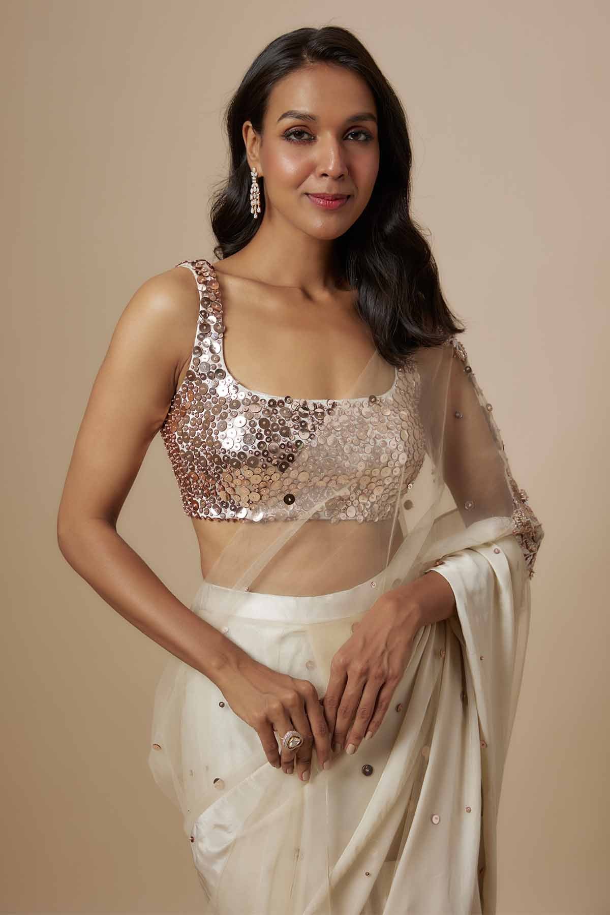 Beige Embroidered Saree & Blouse