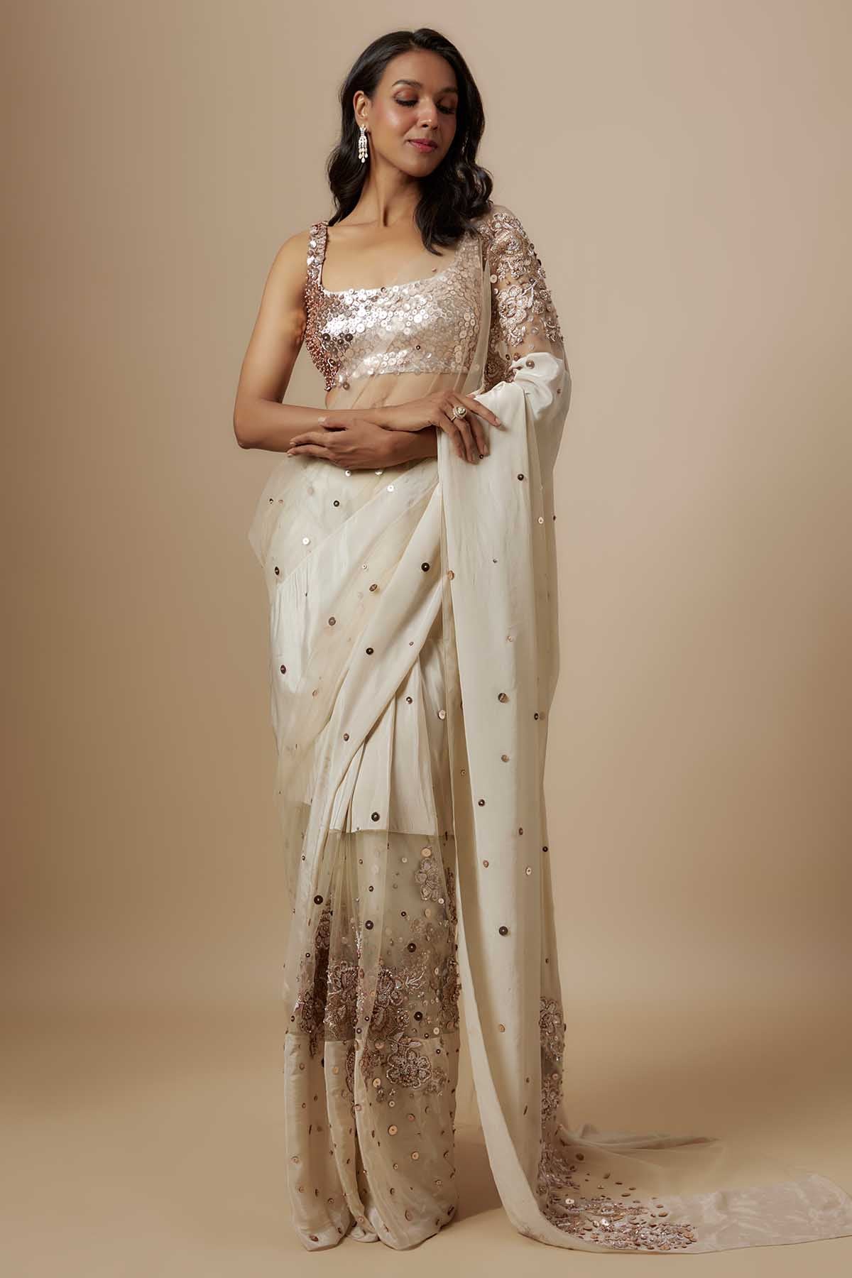 Buy Beige Embroidered Saree & Blouse by Masumi Mewawalla for women online at ScrollnShops