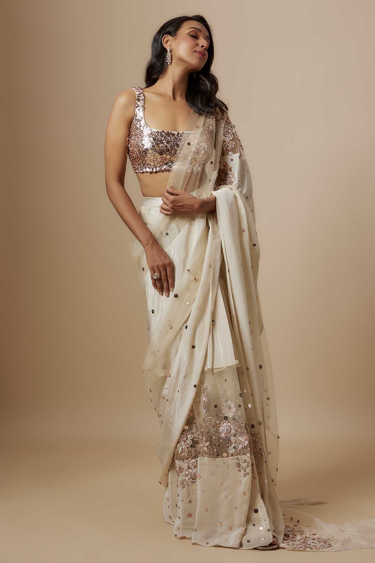 Beige Embroidered Saree & Blouse