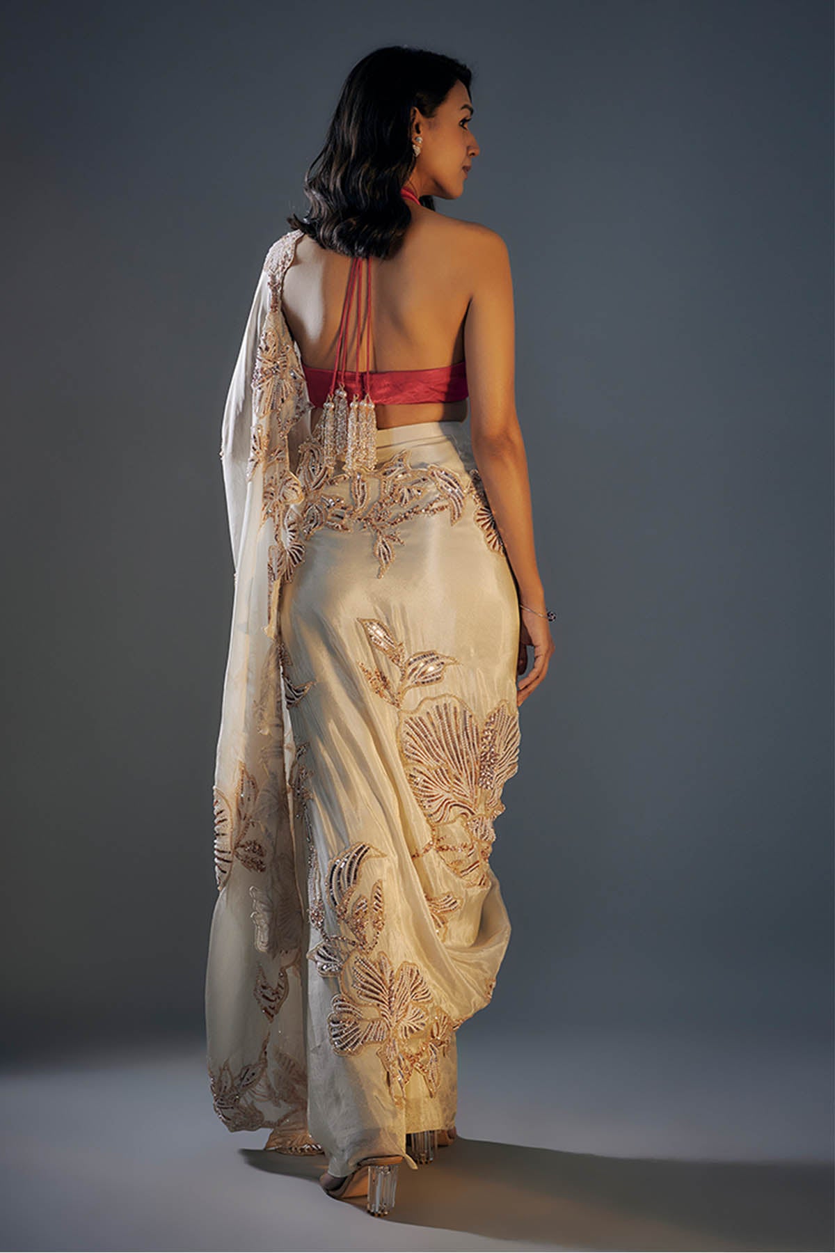 Embroidered Beige Saree & Blouse