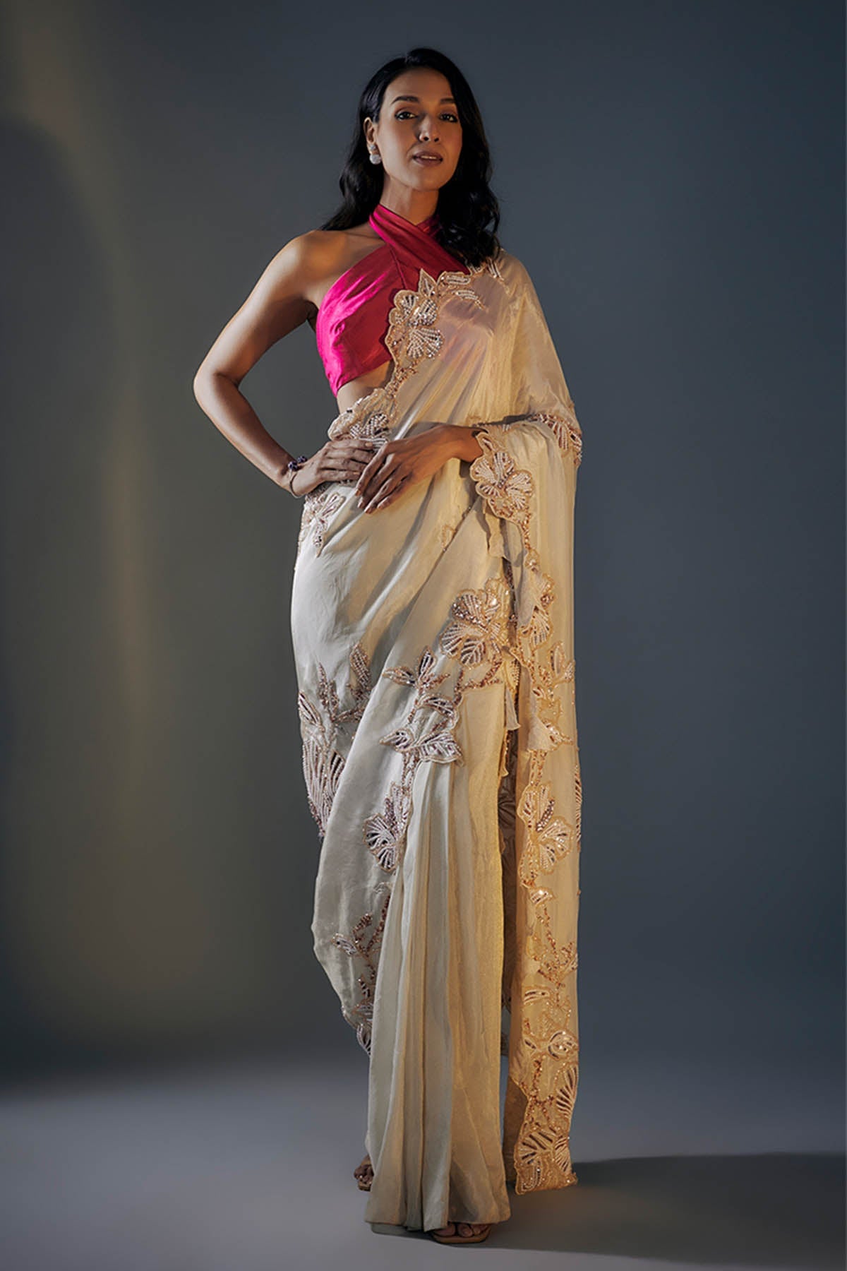 Buy Embroidered Beige Saree & Blouse by Masumi Mewawalla for women online at ScrollnShops
