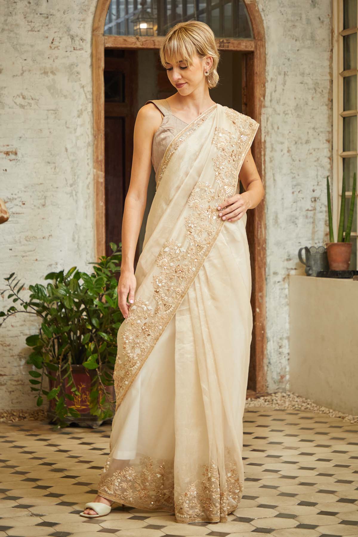 Beige Embroidered Saree