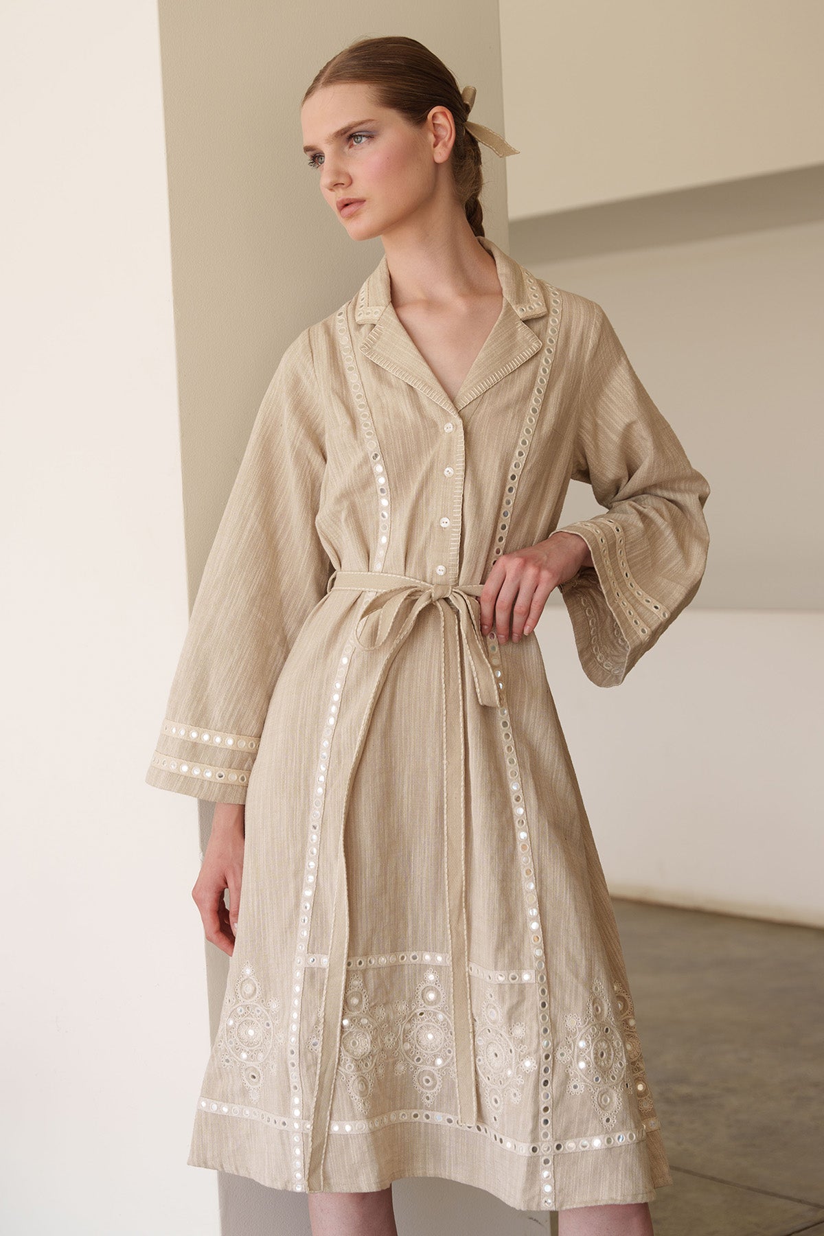 Beige Embroidered Shirt Dress