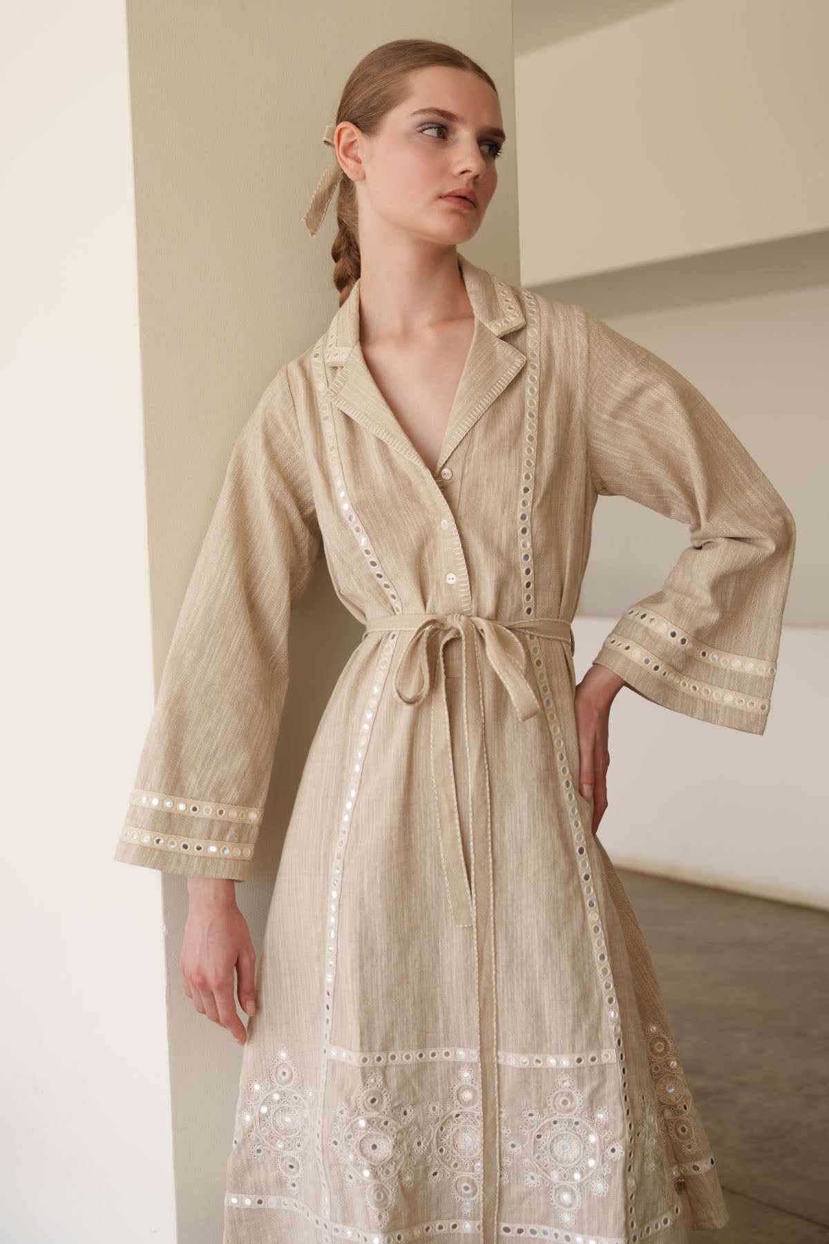 Beige Embroidered Shirt Dress