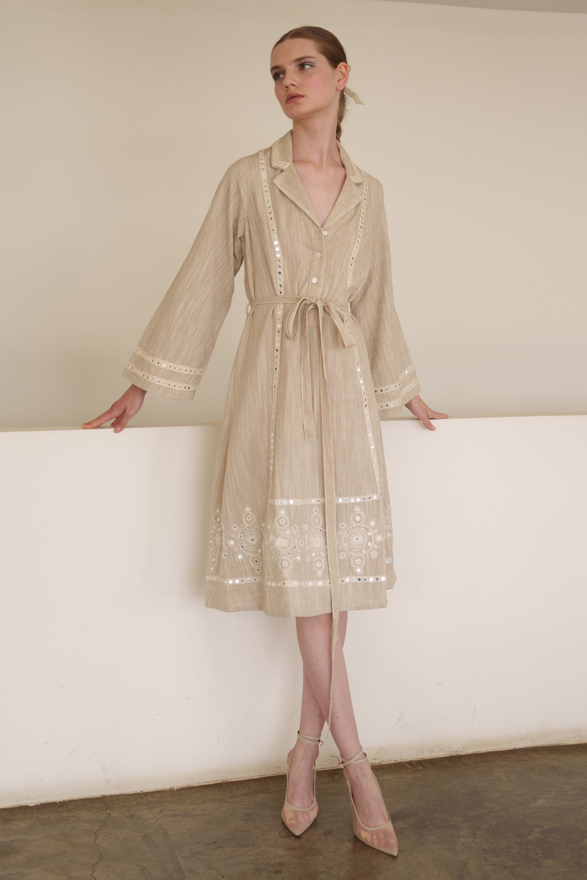 Beige Embroidered Shirt Dress