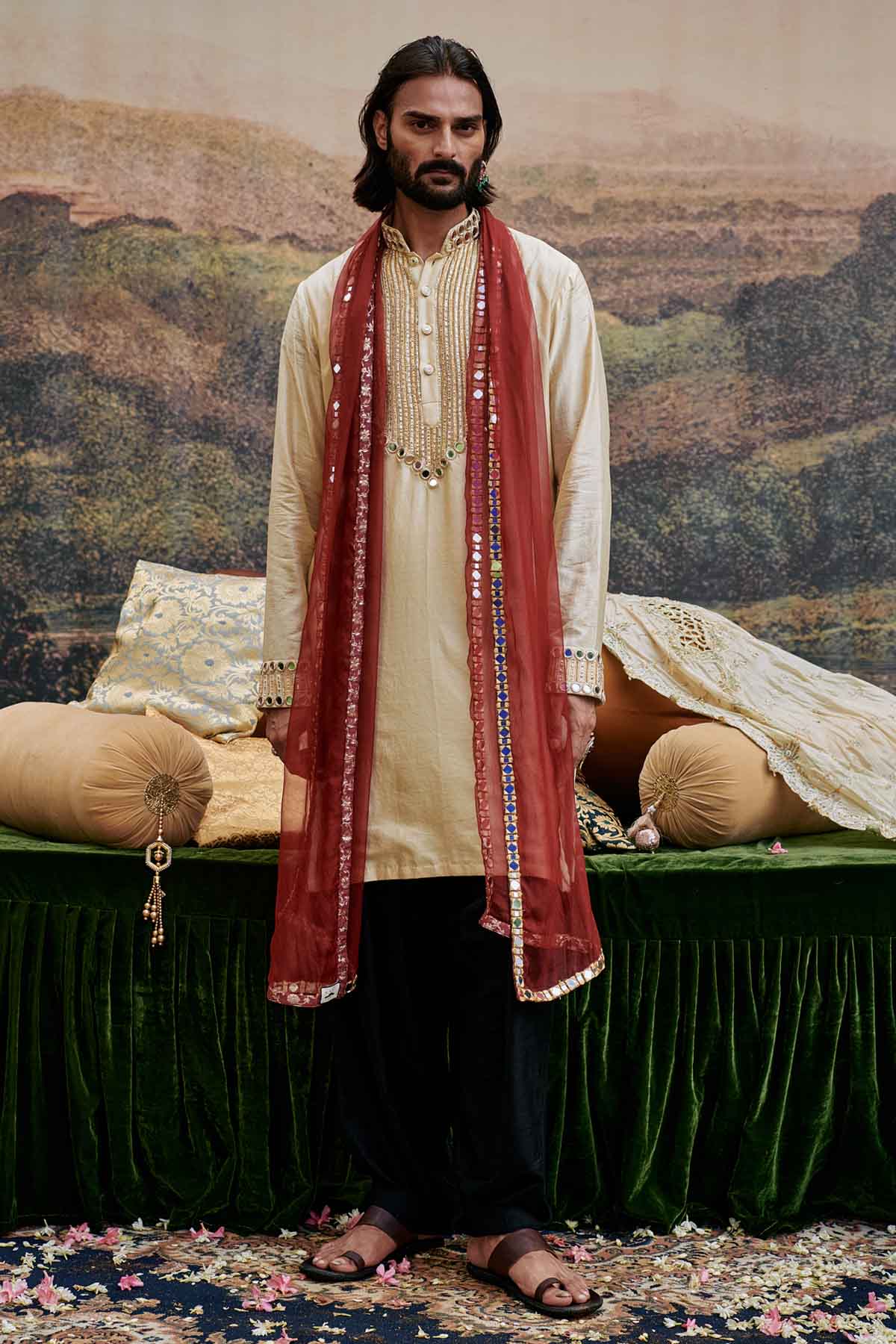 ITRH Beige Embroidered Yoke Kurta Set for men online at ScrollnShops