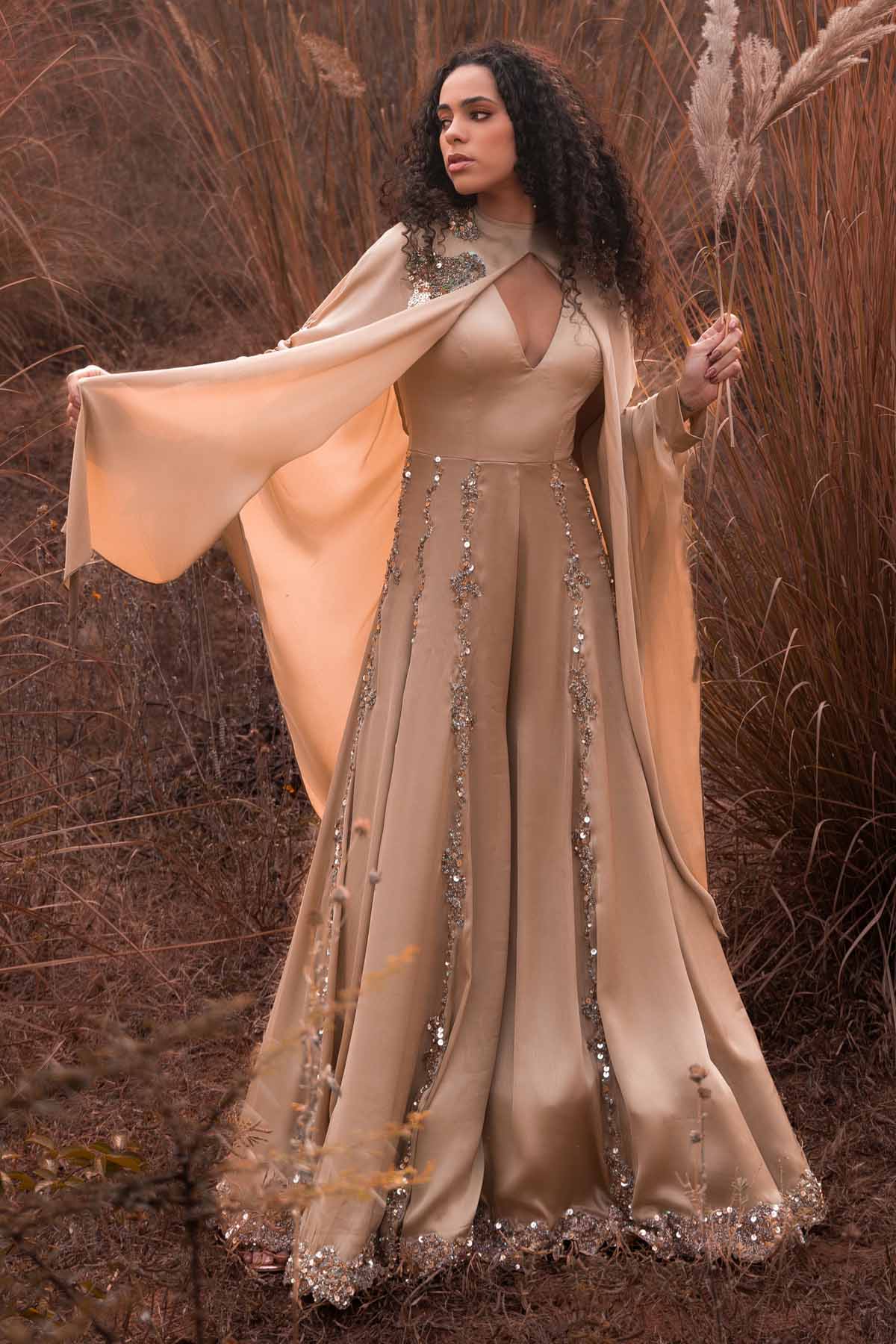 Kaprapan Beige Flared Jumpsuit & Cape for women online at ScrollnShops