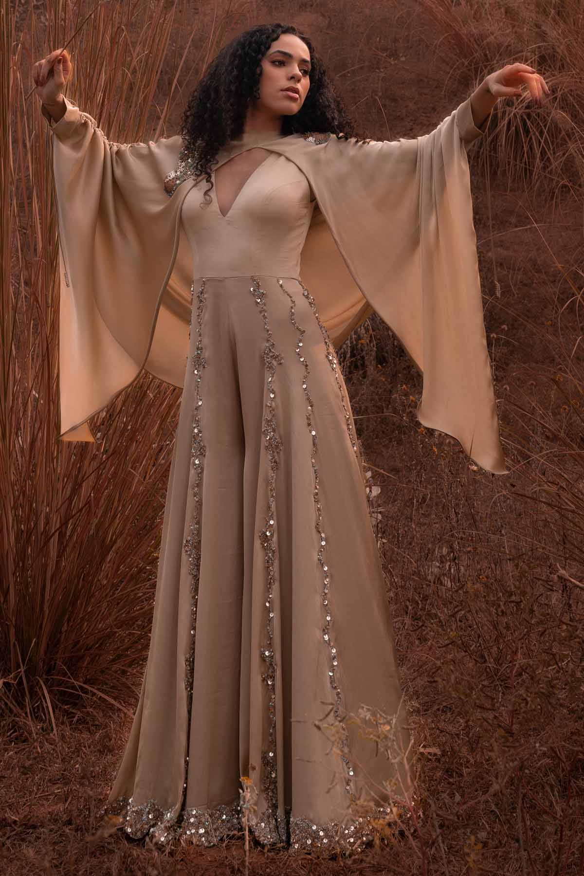 Beige Flared Jumpsuit & Cape