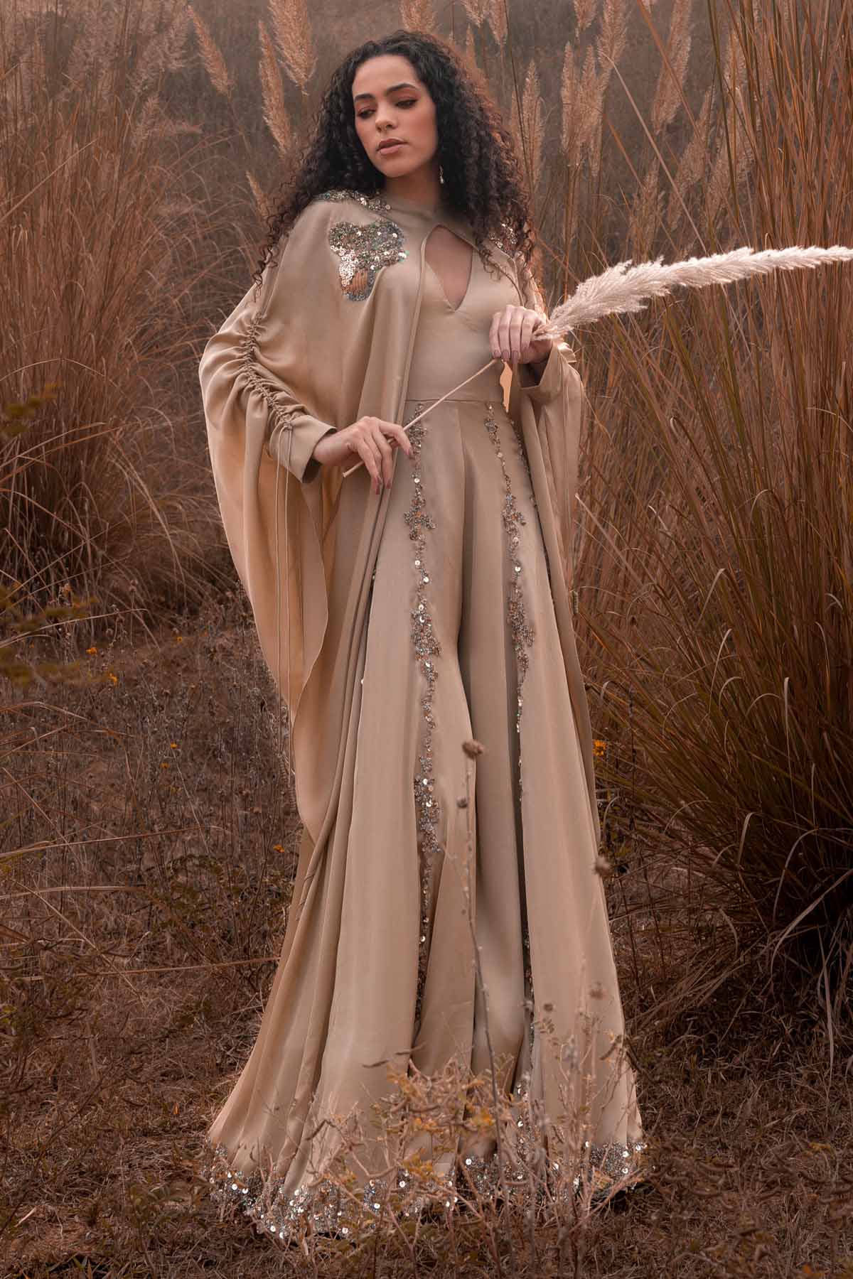 Buy Designer Beige Flared Jumpsuit & Cape Online