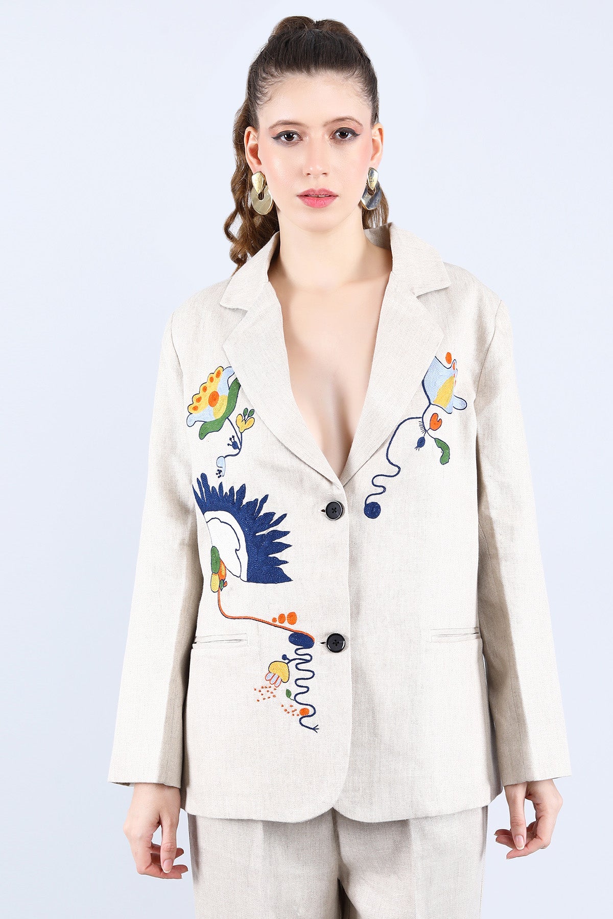 Buy Linen Bloom Beige Floral Embroidered Blazer for women online available at ScrollnShops