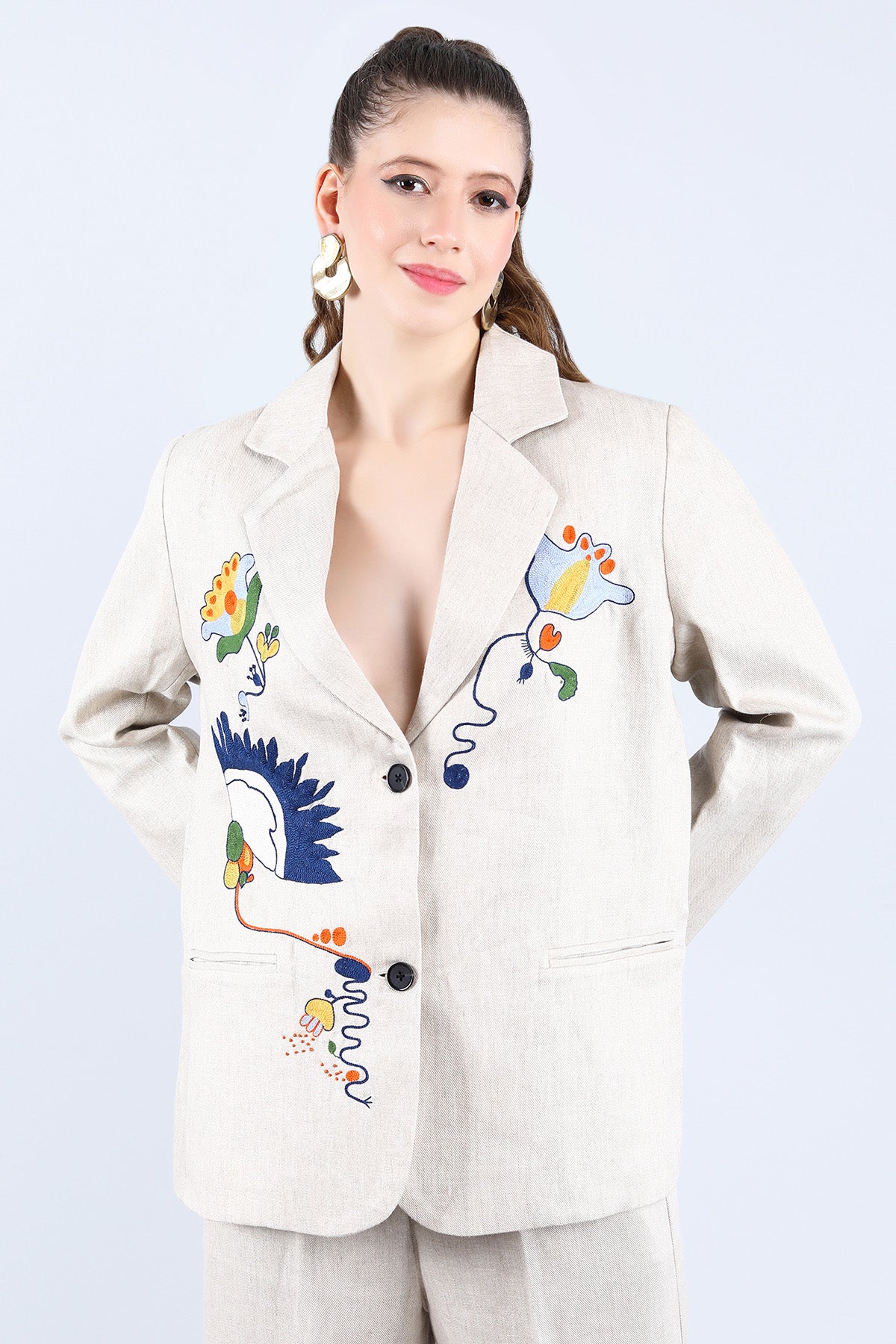 Beige Floral Embroidered Blazer