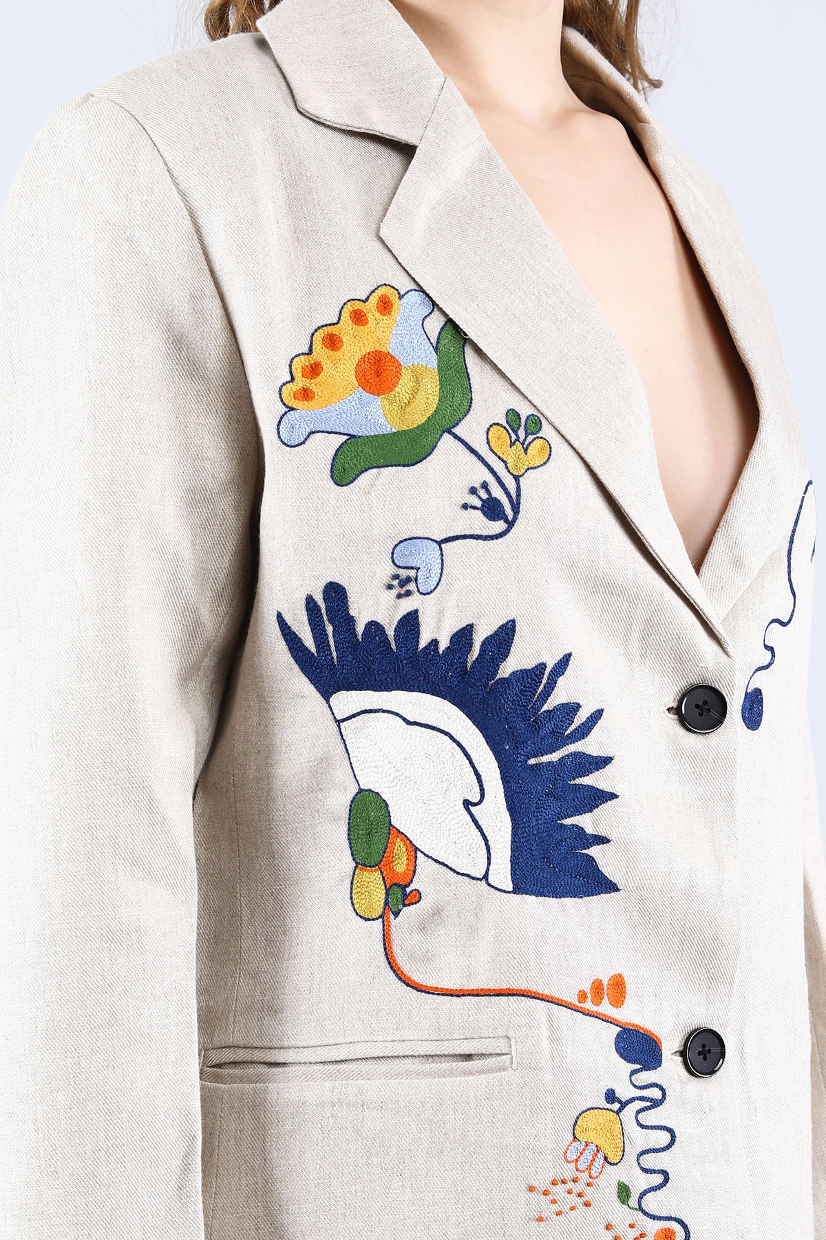 Beige Floral Embroidered Blazer