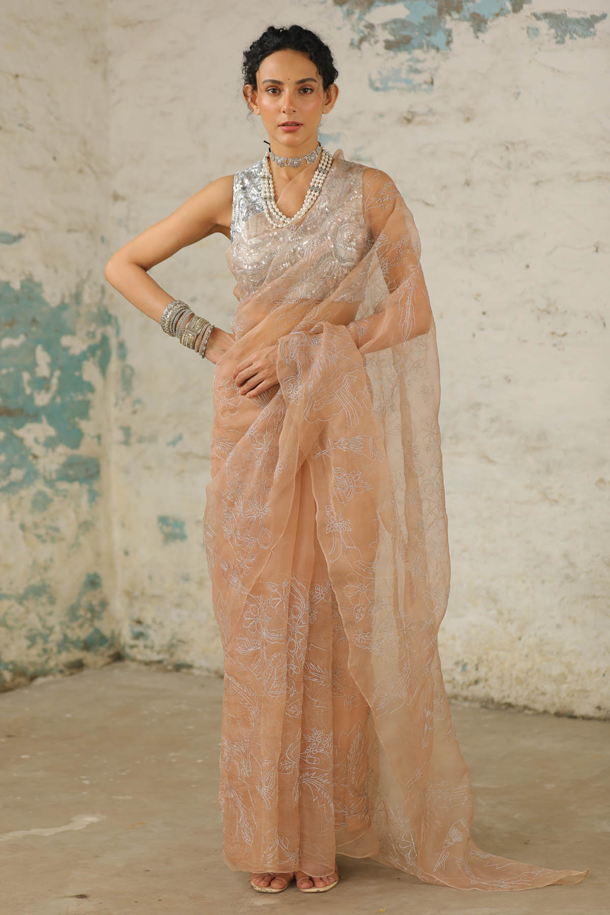 Beige Floral Saree And Blouse