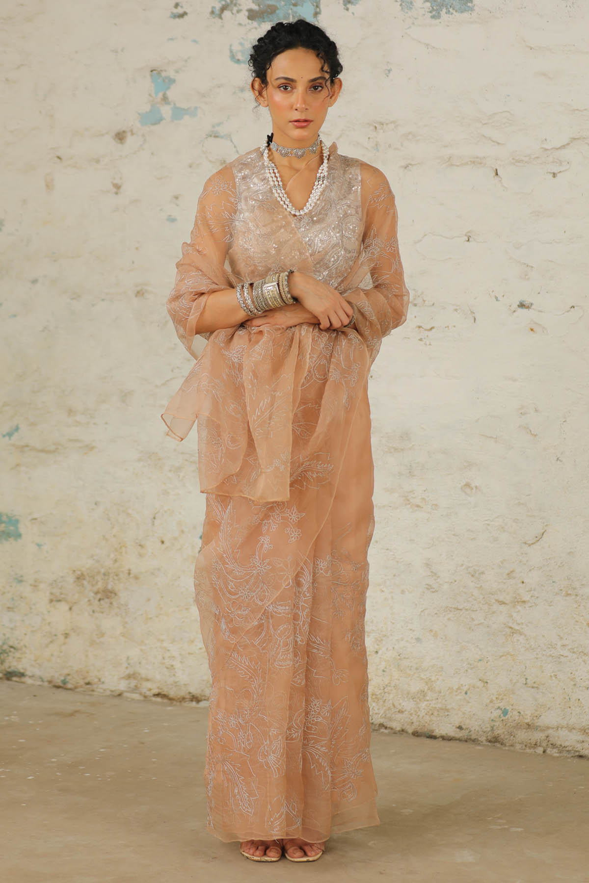 Beige Floral Saree And Blouse