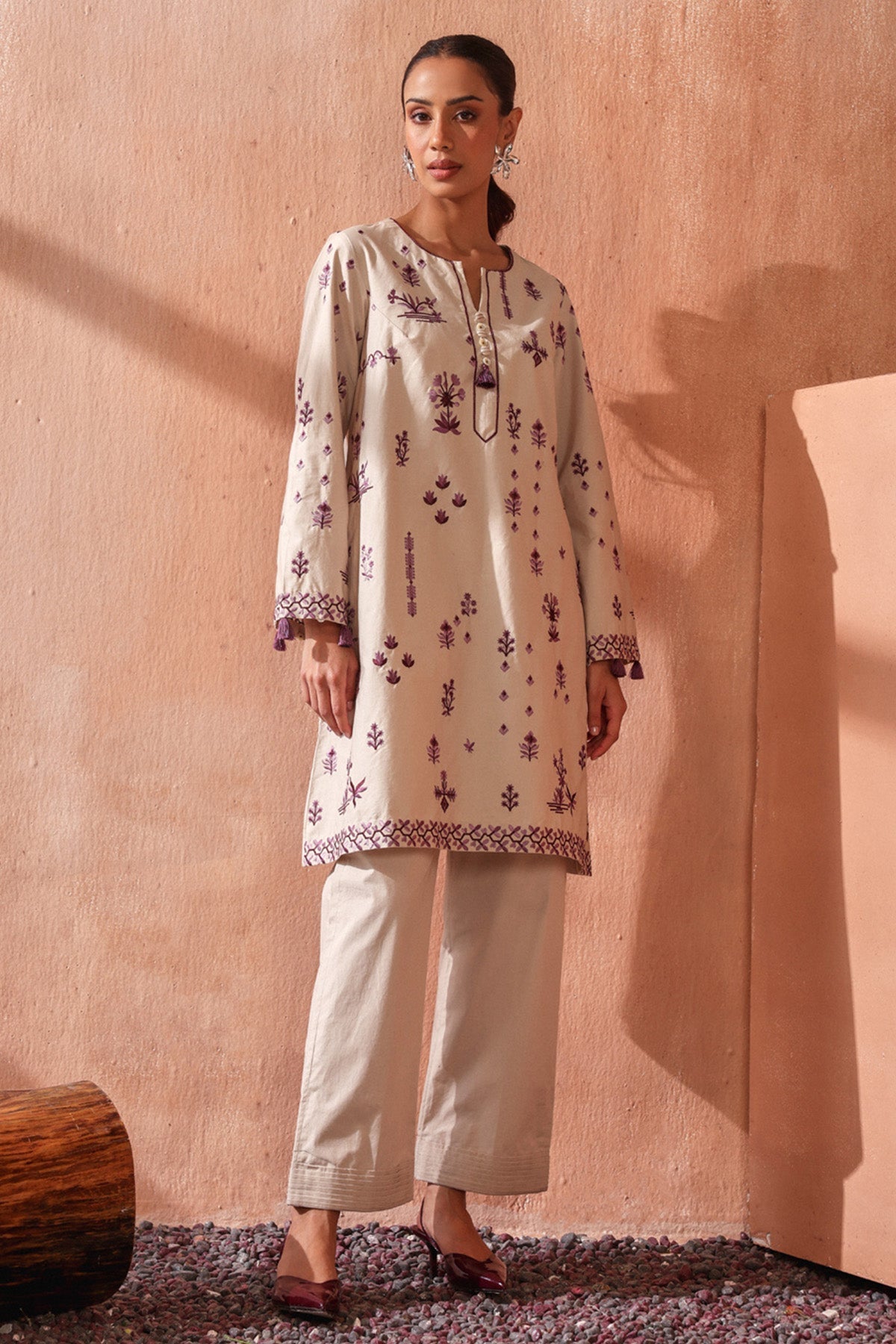 Buy Beige Floral Short Kurta & Pants by Seema Nanda for women online at ScrollnShops