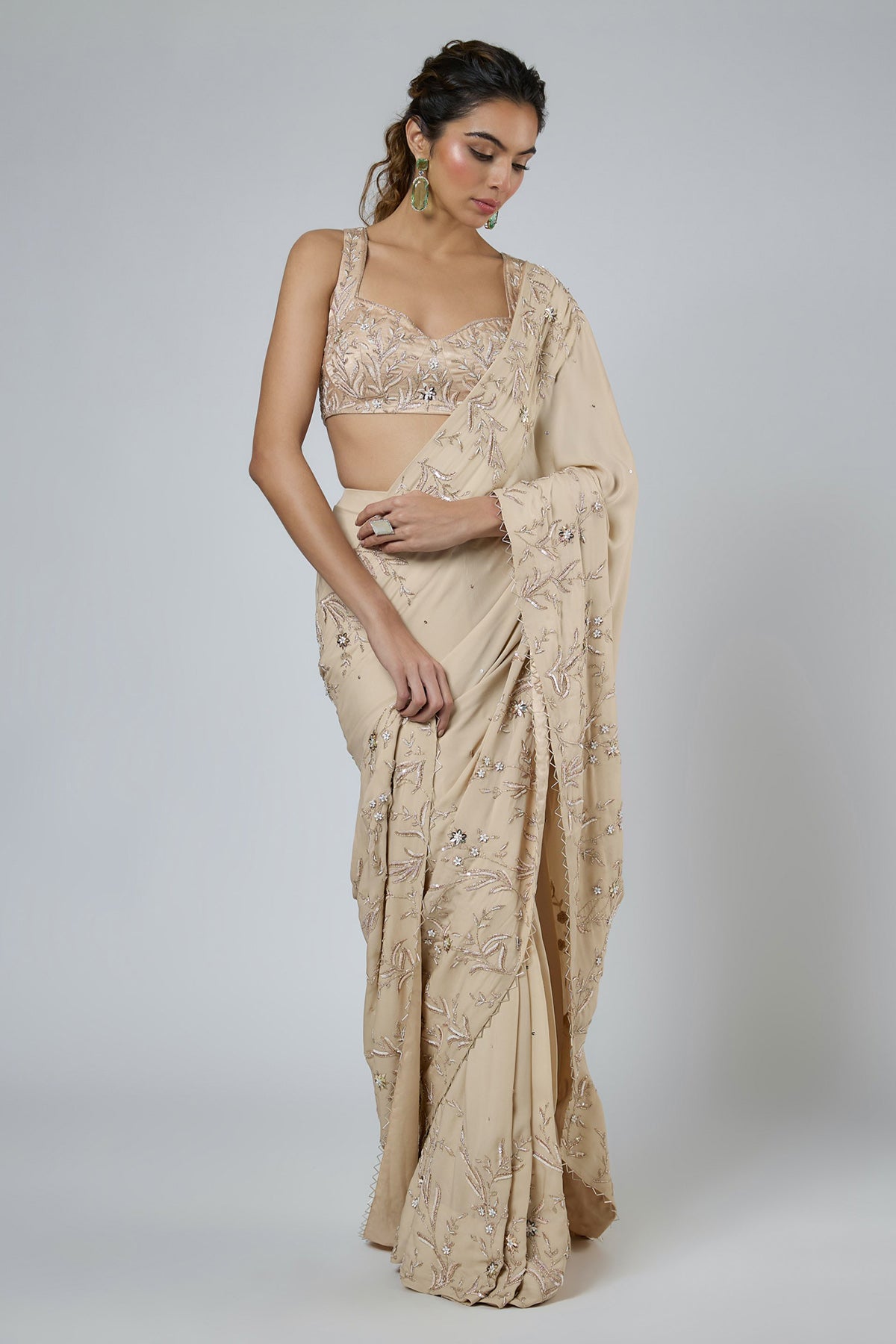 Beige Floral Tassel Saree Set