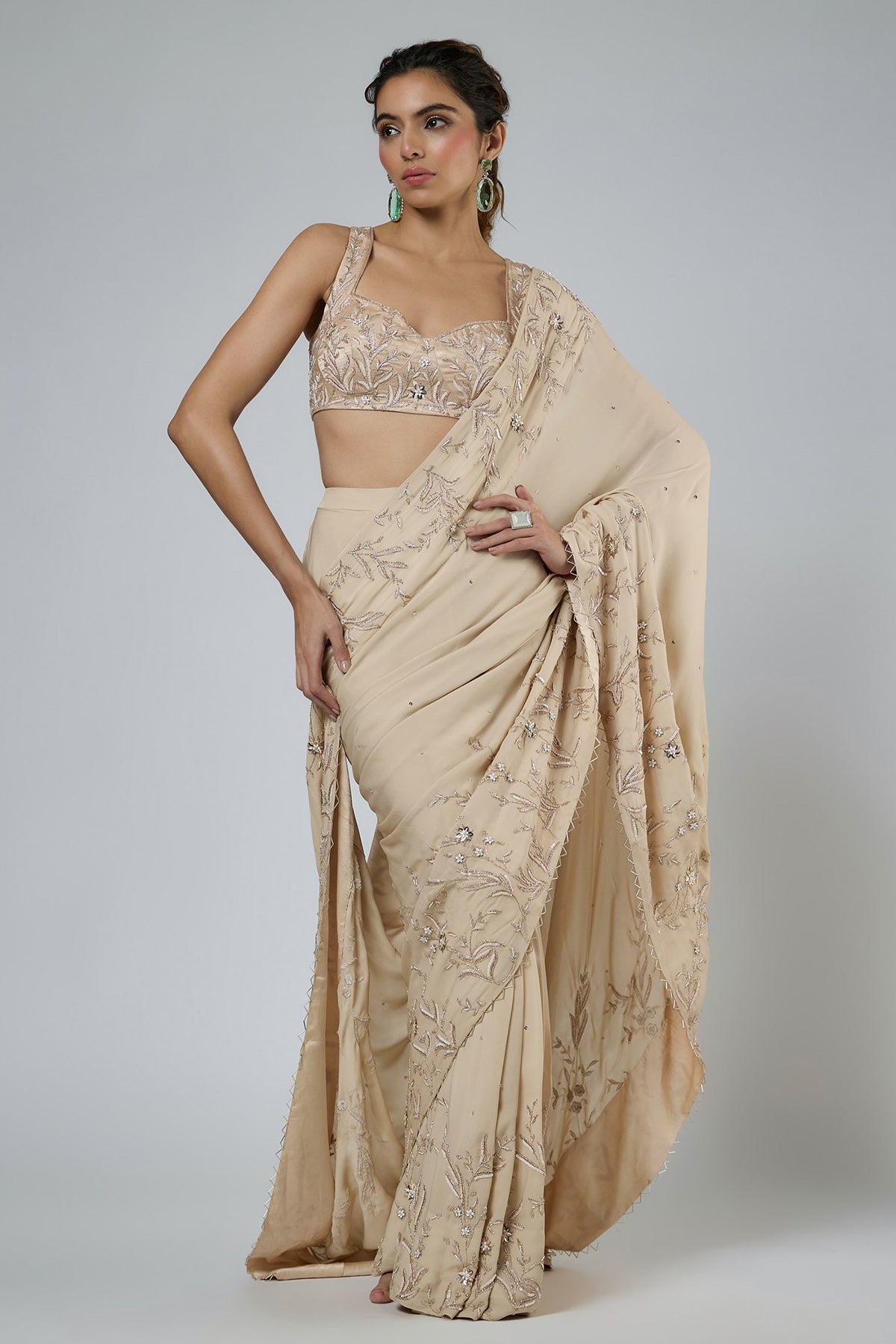 Buy Beige Floral Tassel Saree Set for women by Masumi Mewawalla online available at scrollnshops