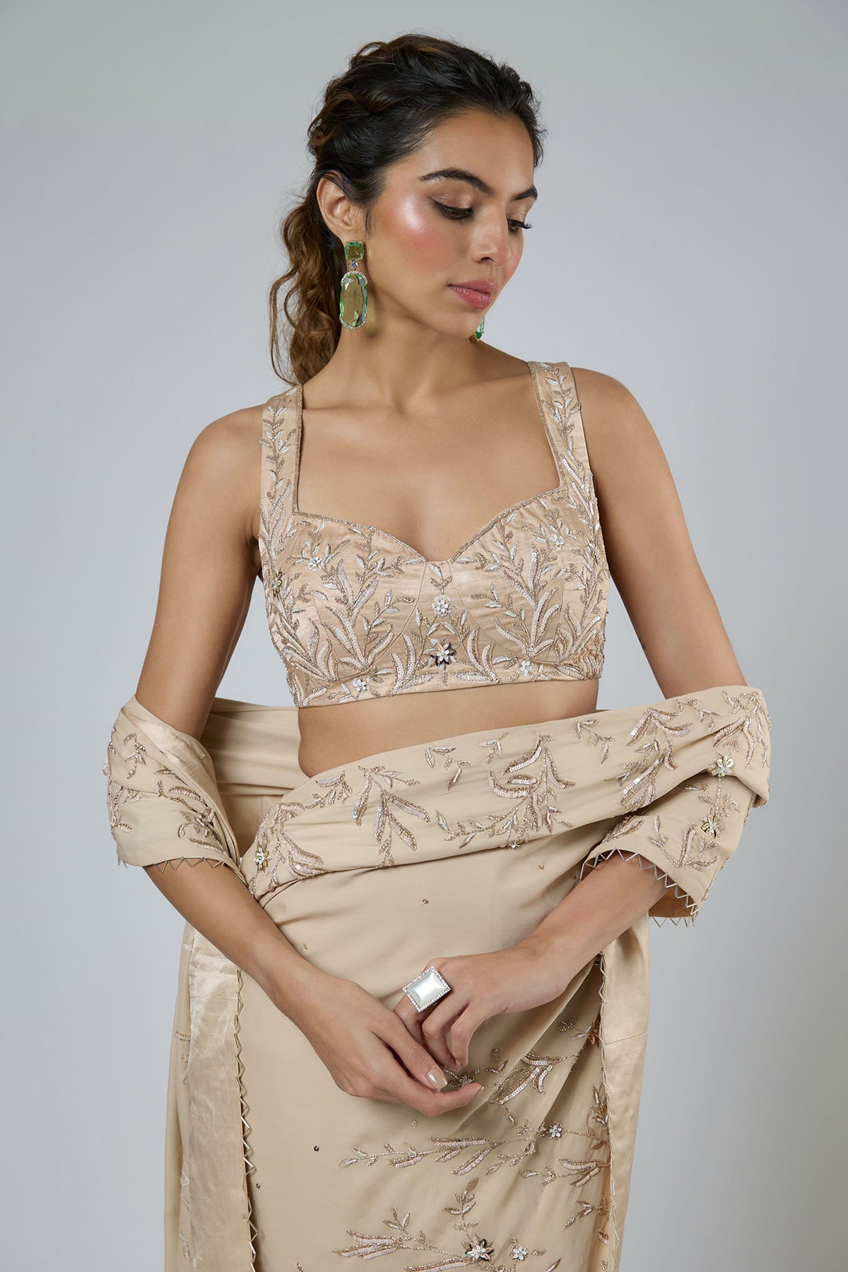 Beige Floral Tassel Saree Set