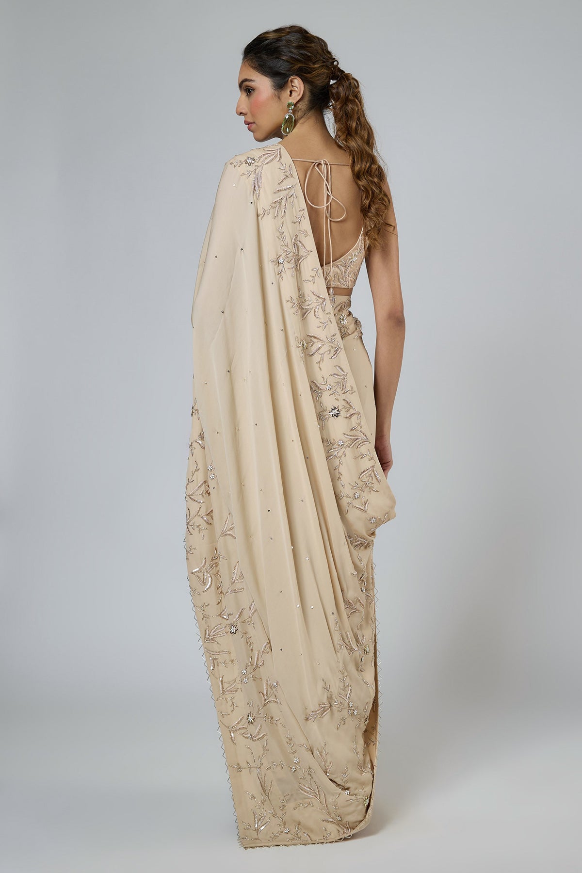 Beige Floral Tassel Saree Set