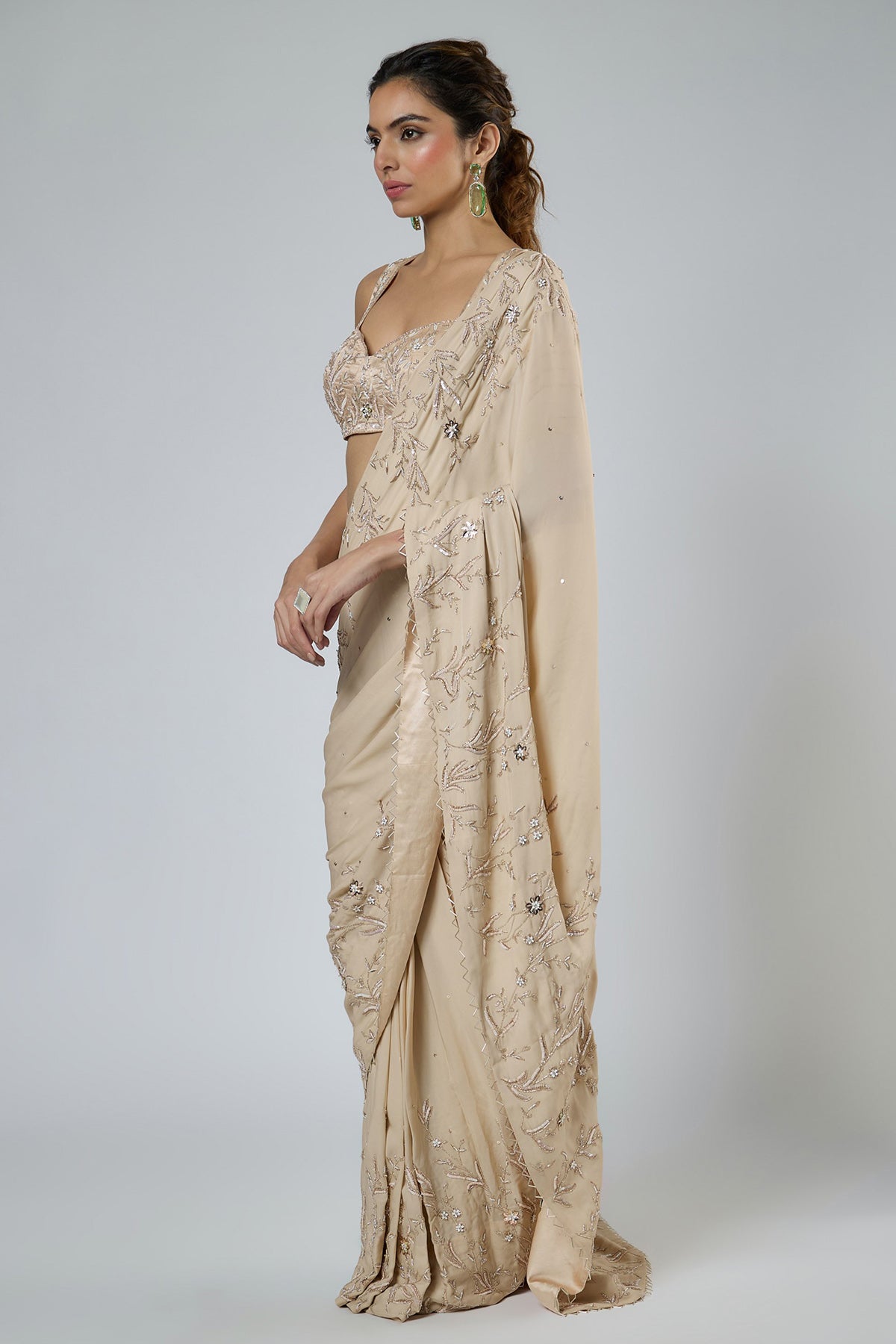 Beige Floral Tassel Saree Set