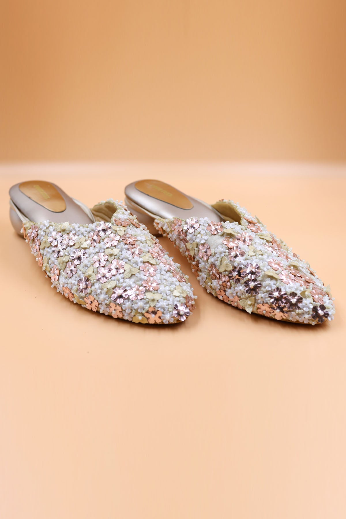 Foot Fuel Beige Floral Thread Work Mules for accessories online at ScrollnShops