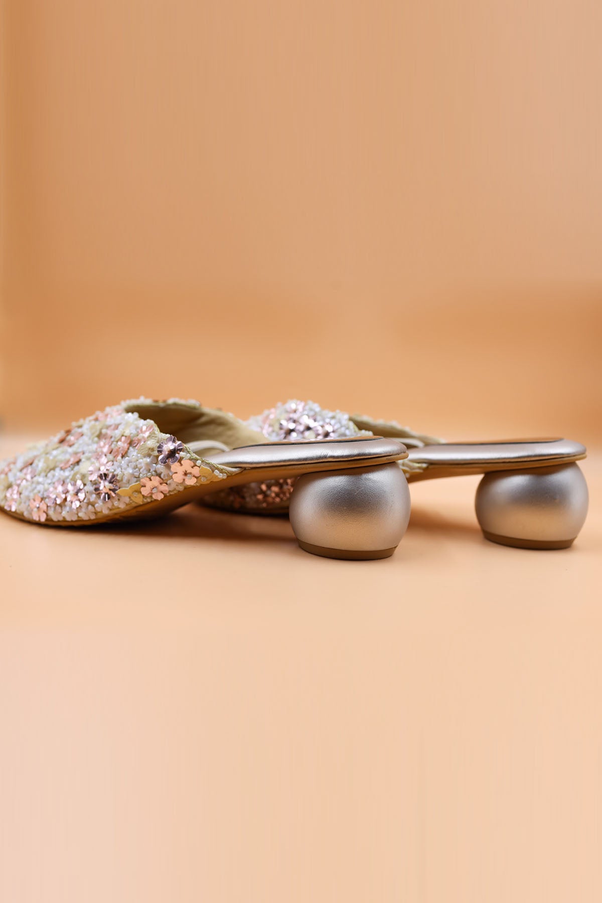 Beige Floral Thread Work Mules