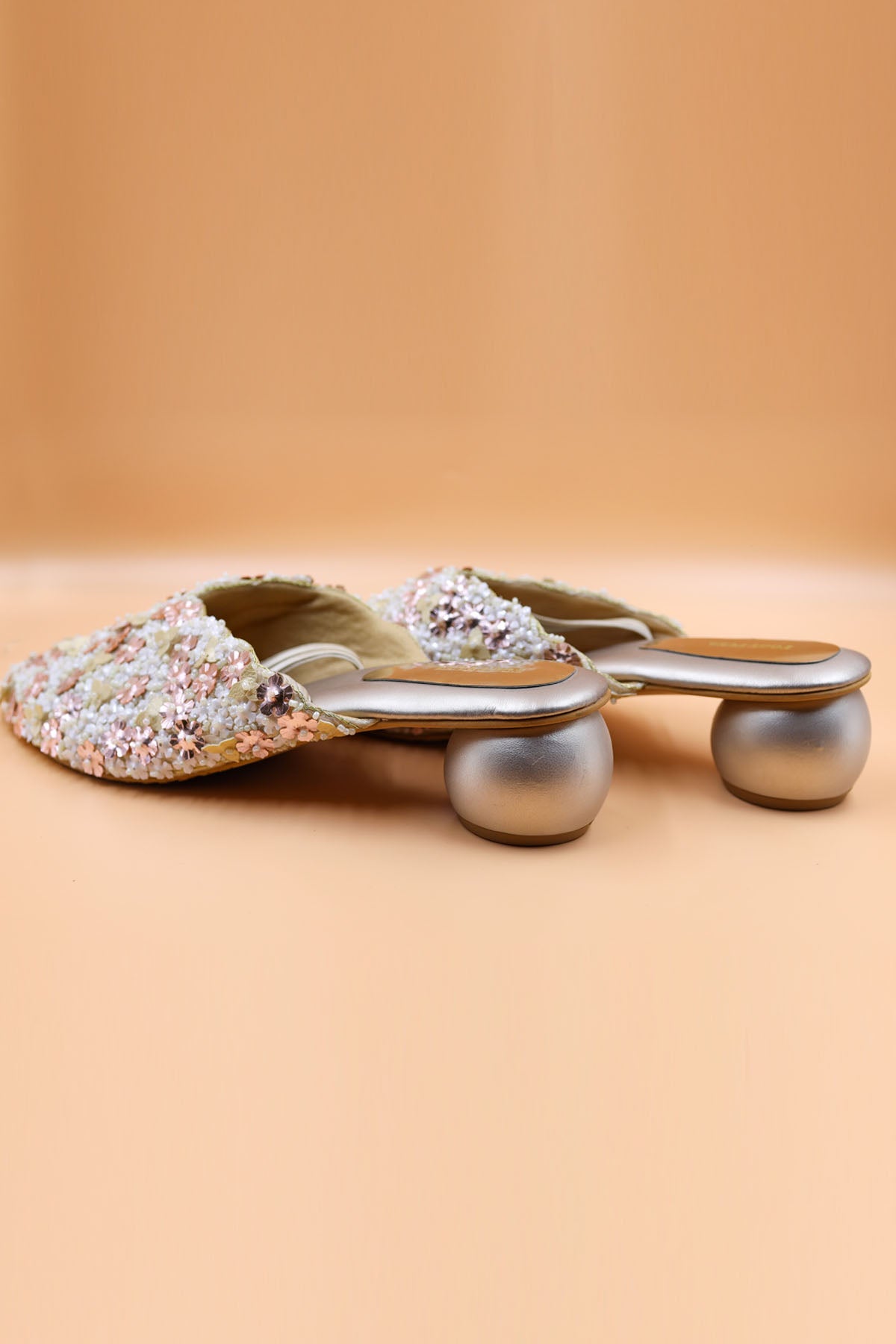 Beige Floral Thread Work Mules