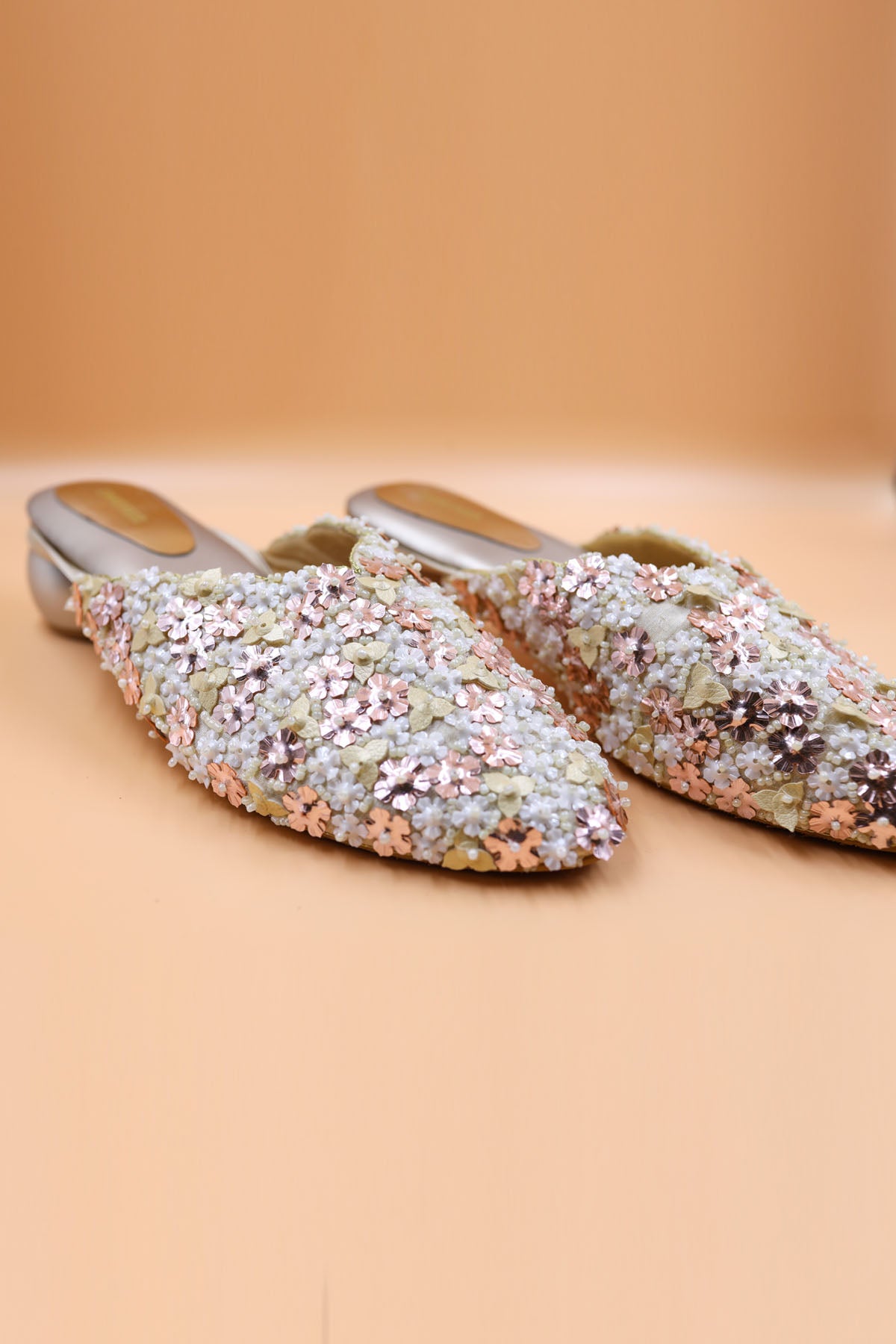 Beige Floral Thread Work Mules