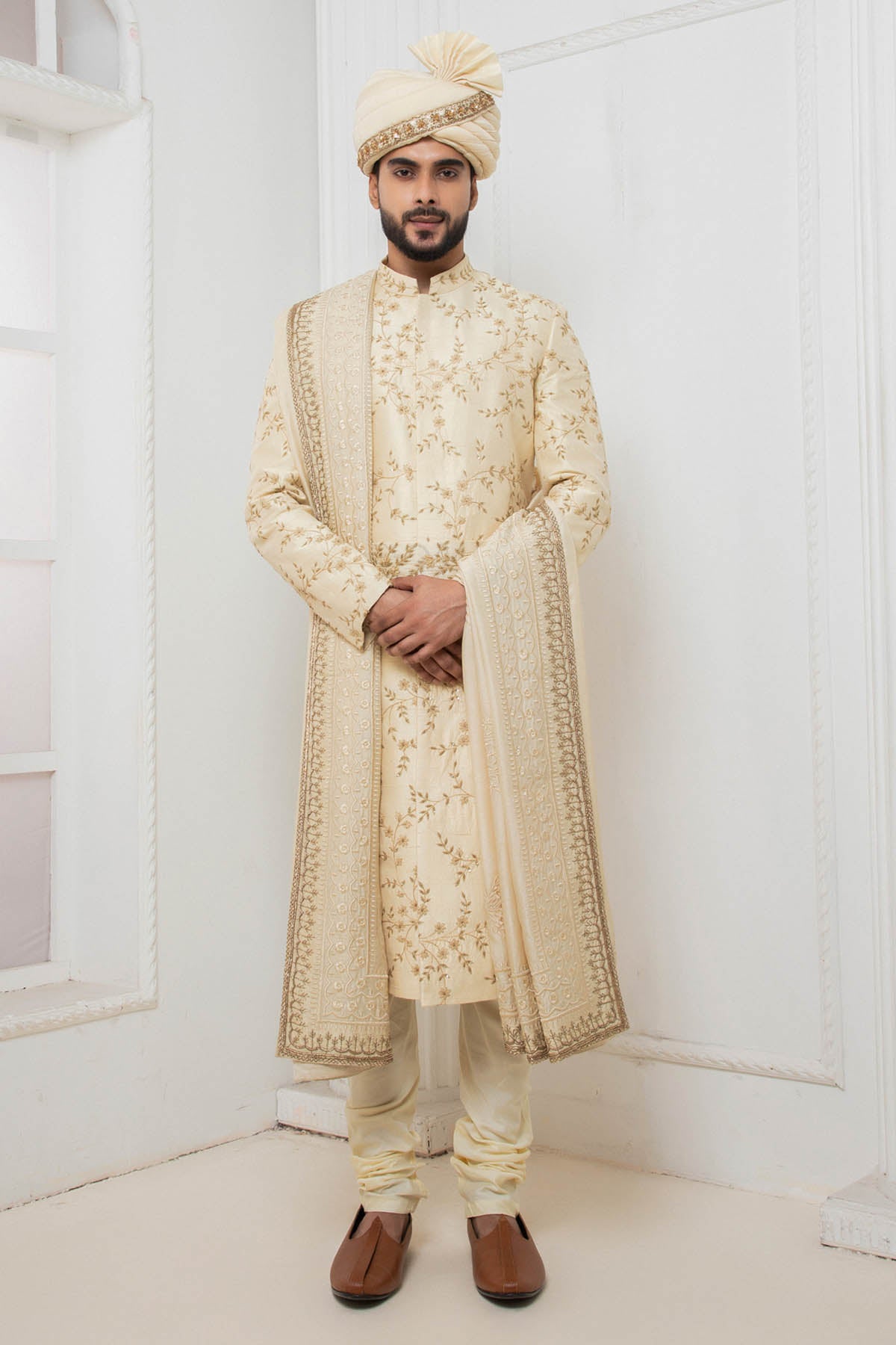 Buy Beige Floral Zari Sherwani Set Online
