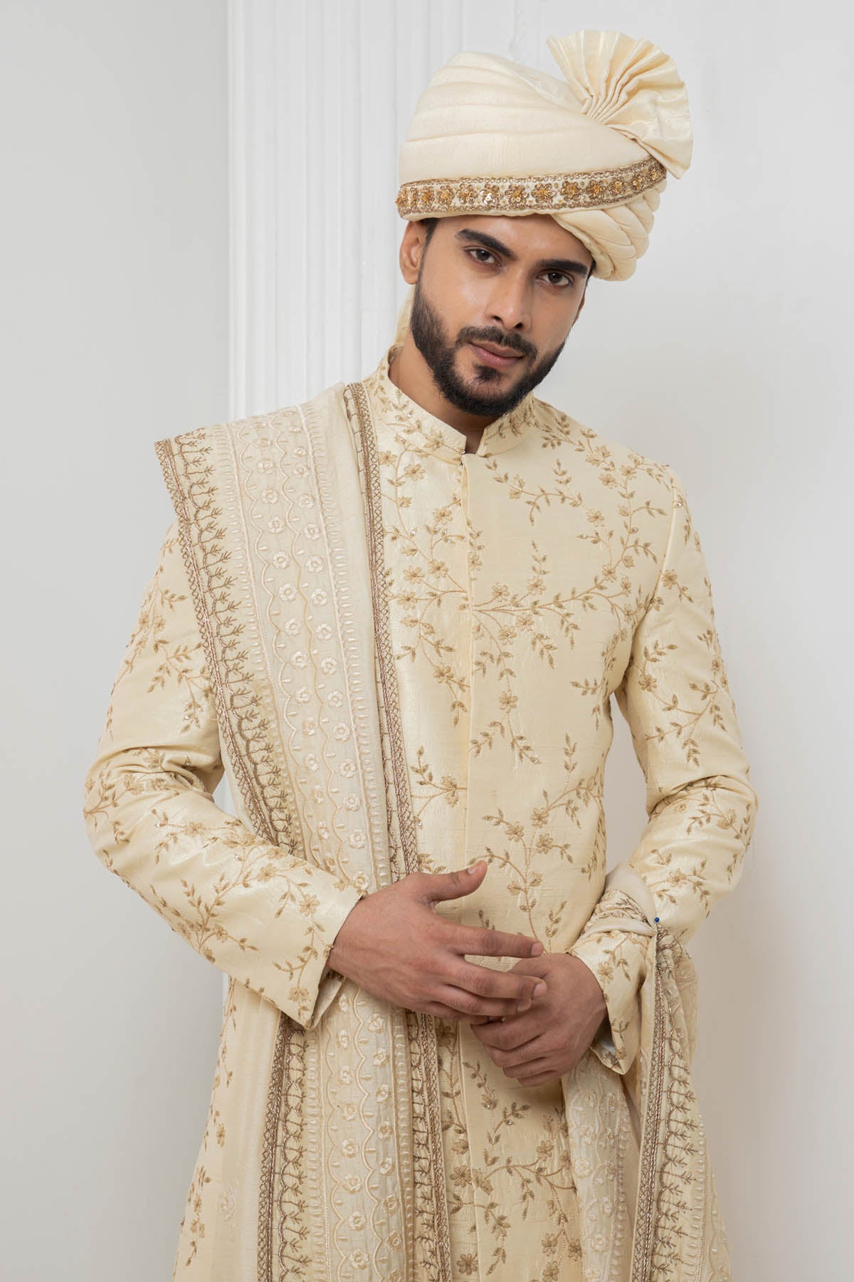 Beige Floral Zari Sherwani Set