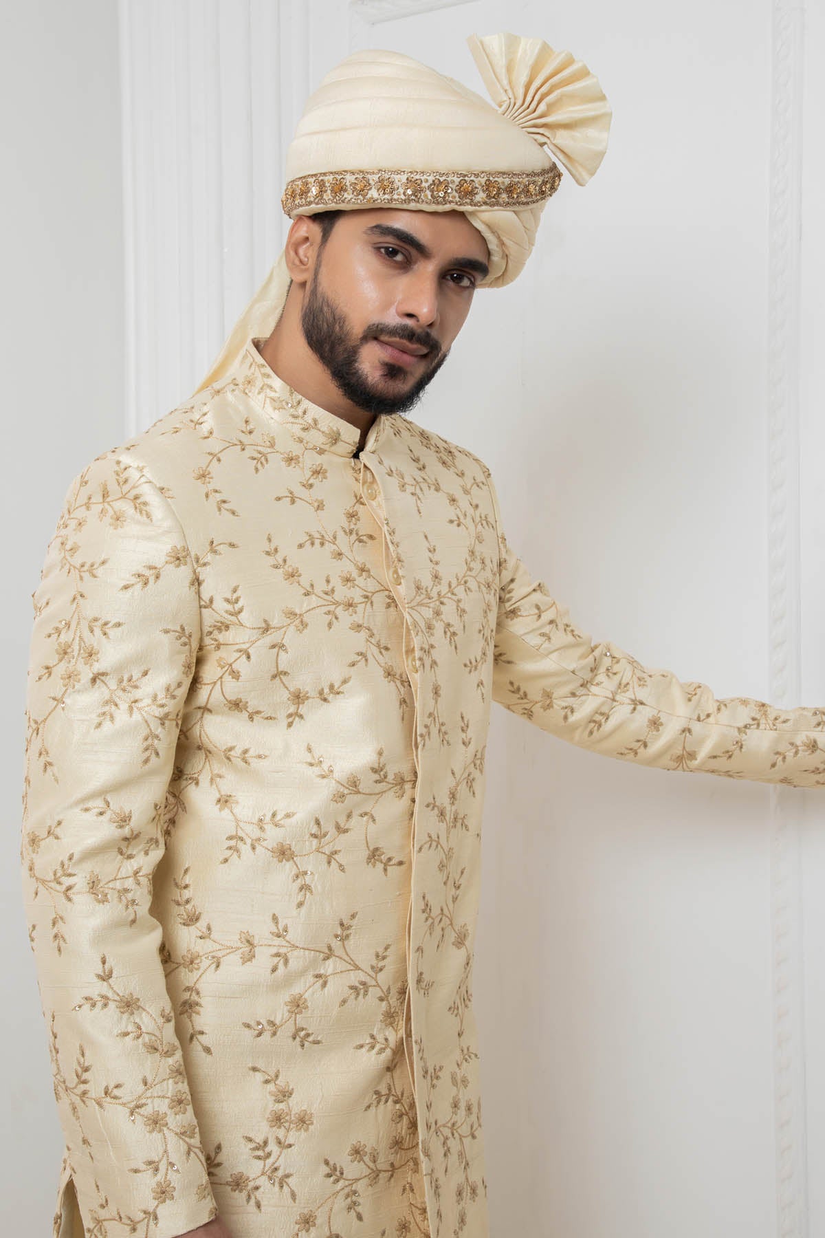Beige Floral Zari Sherwani Set