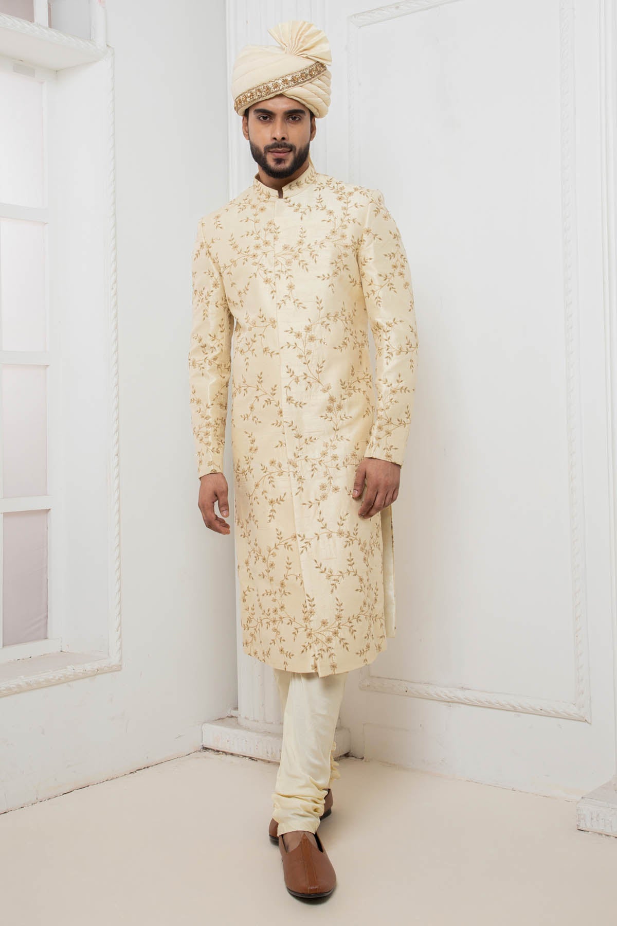 Darshika Menswear Beige Floral Zari Sherwani Set for men online at ScrollnShops