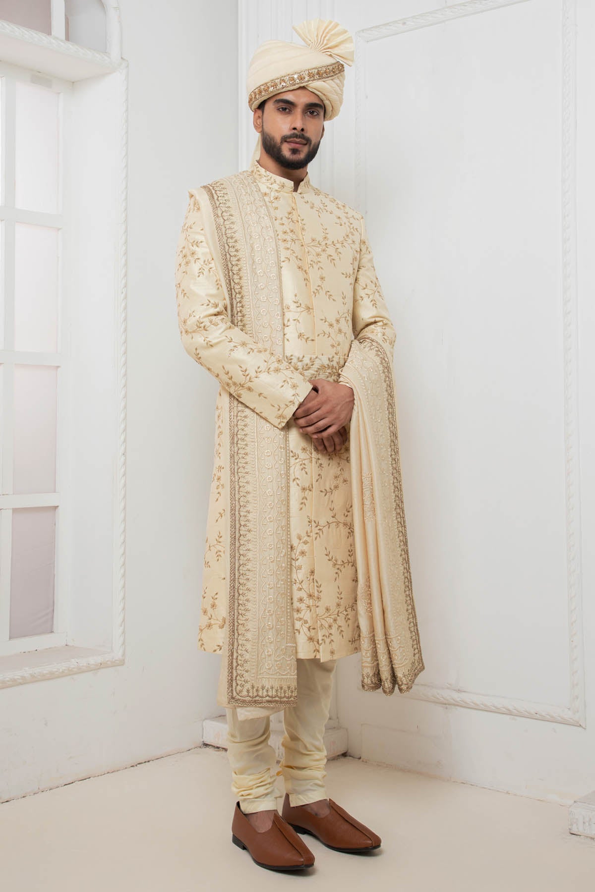 Beige Floral Zari Sherwani Set
