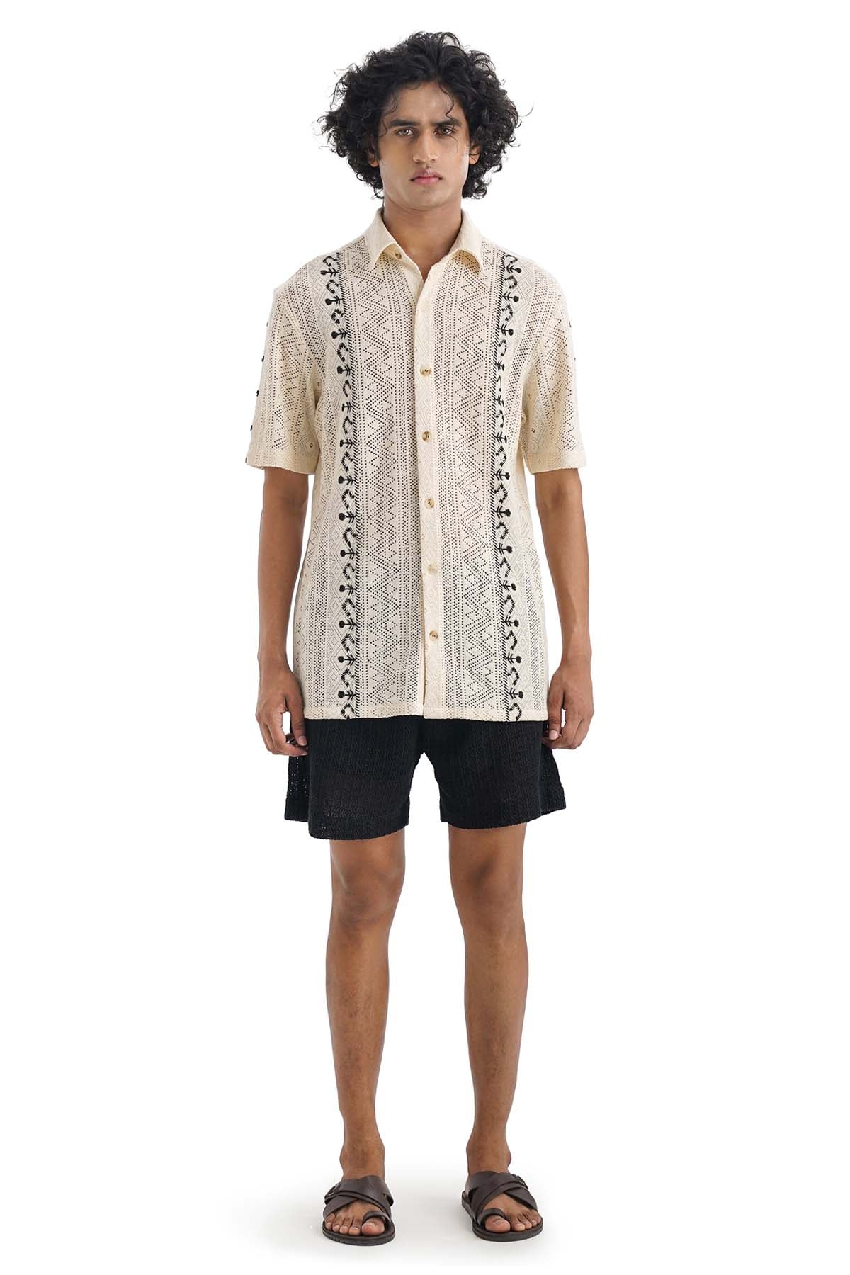 Beige Folk Embroidered Shirt