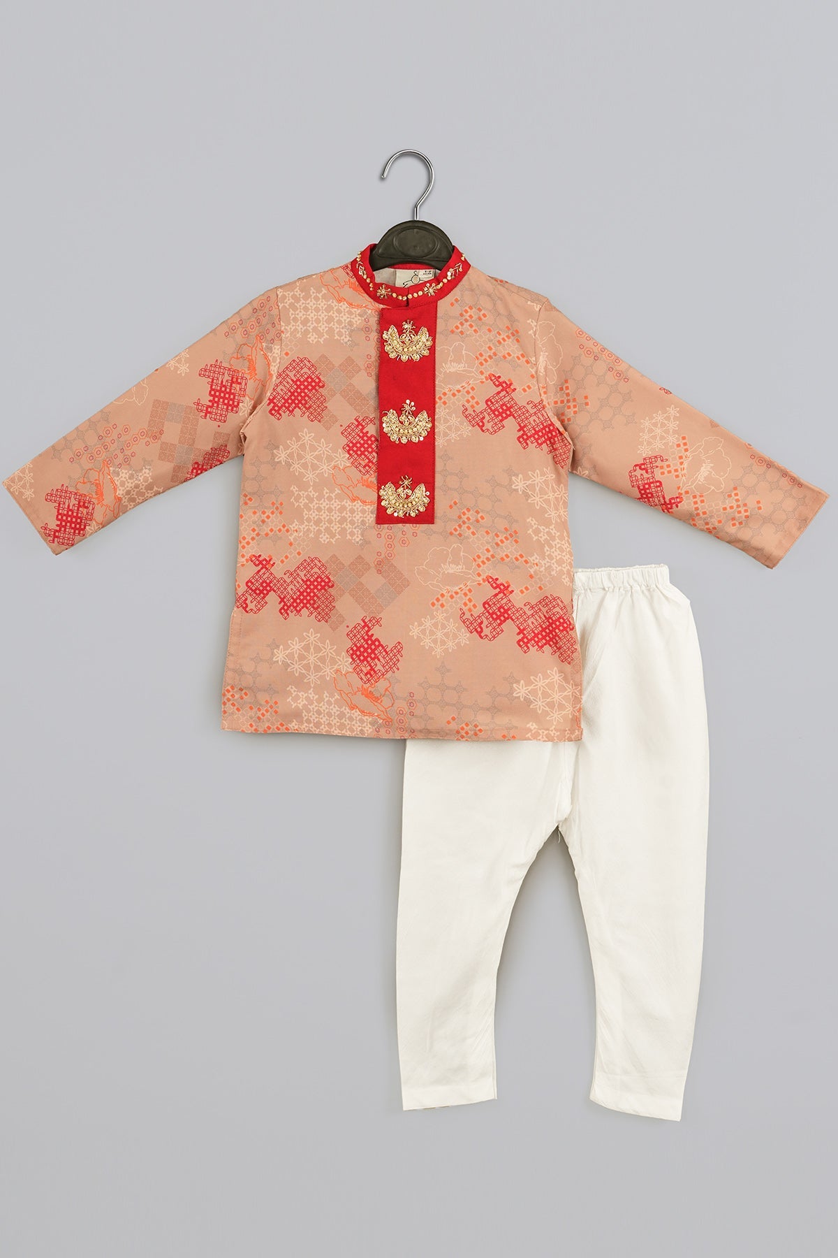 Buy Beige Geometric Print Kurta Set for Kids by Little Brats Designer online available at scrollnshops