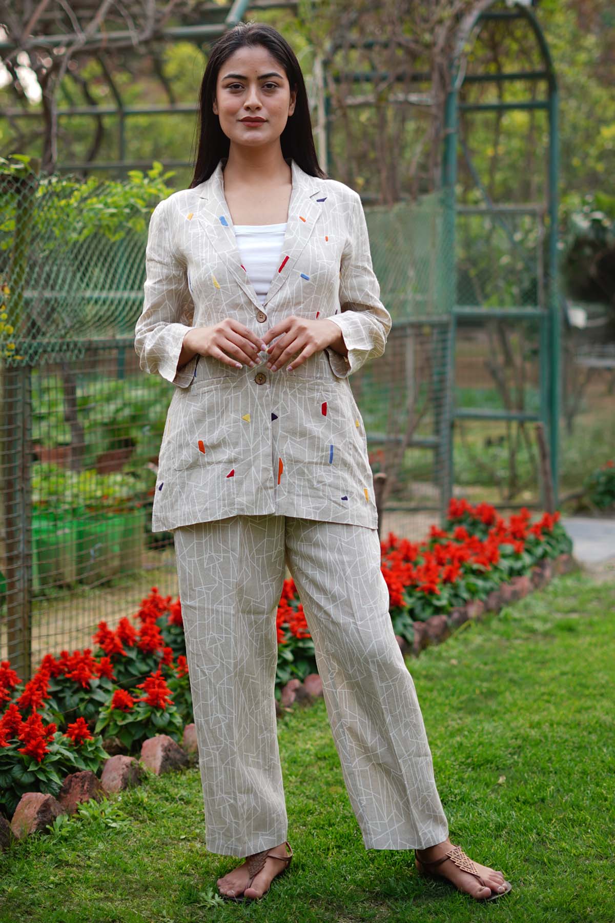 Designer Linen Bloom Comfy Style: Beige Linen Print Pants For Women Online at ScrollnShops