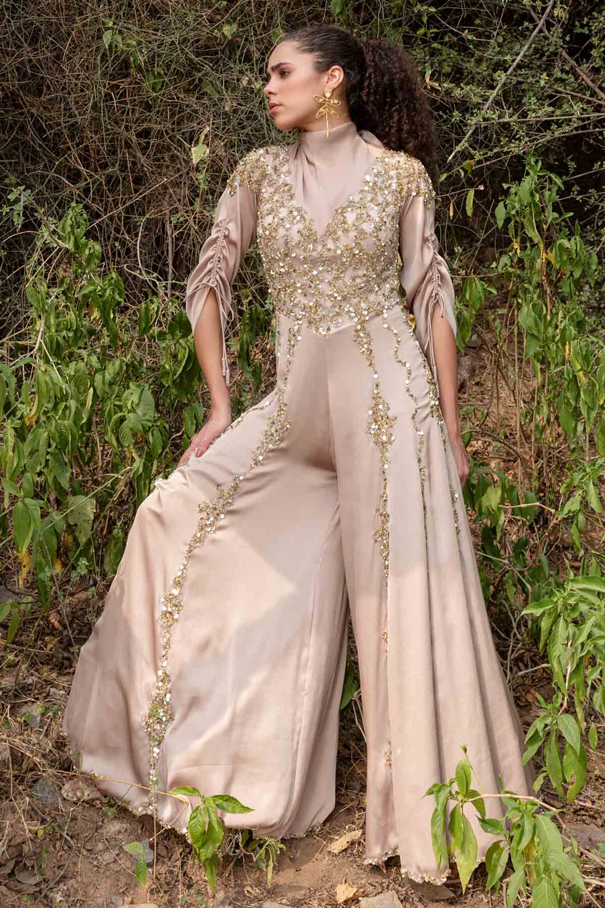 Kaprapan Beige Gold Embroidered Jumpsuit for women online at ScrollnShops