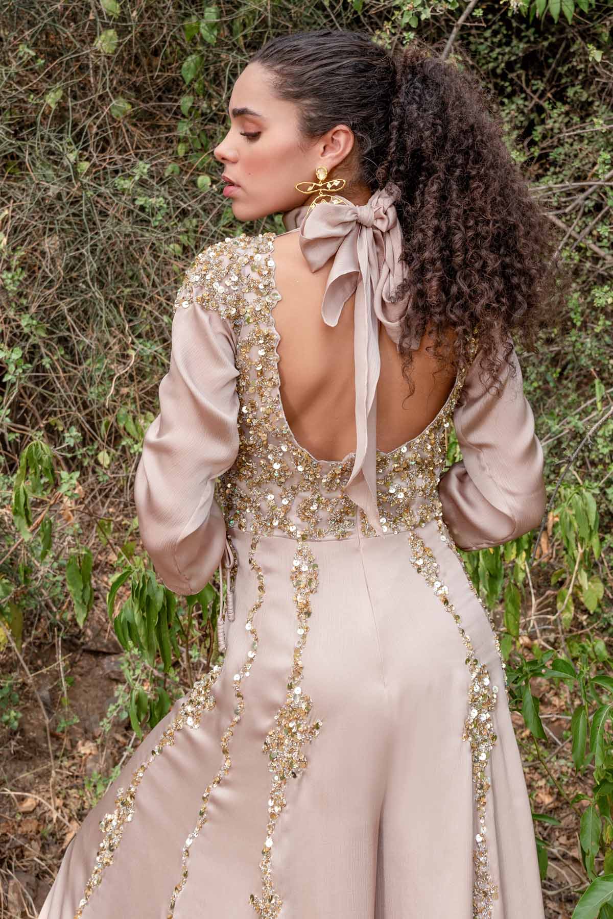 Beige Gold Embroidered Jumpsuit